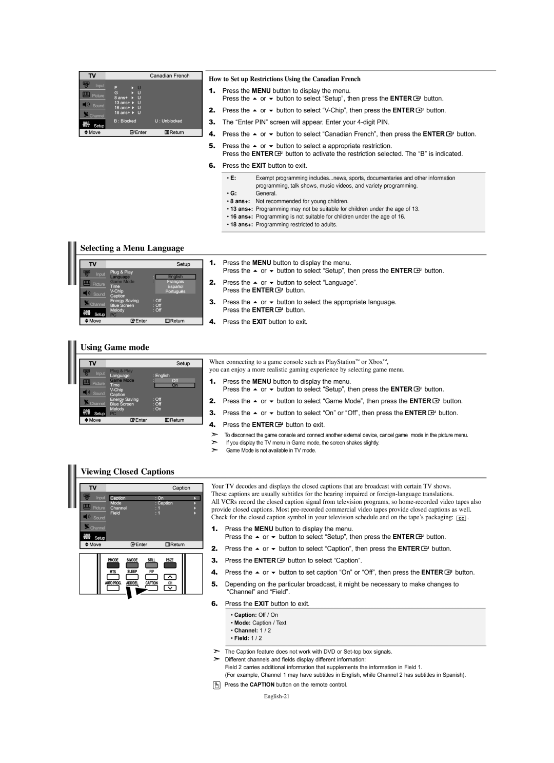 Samsung LN-S2338W manual Selecting a Menu Language, Using Game mode, Viewing Closed Captions 