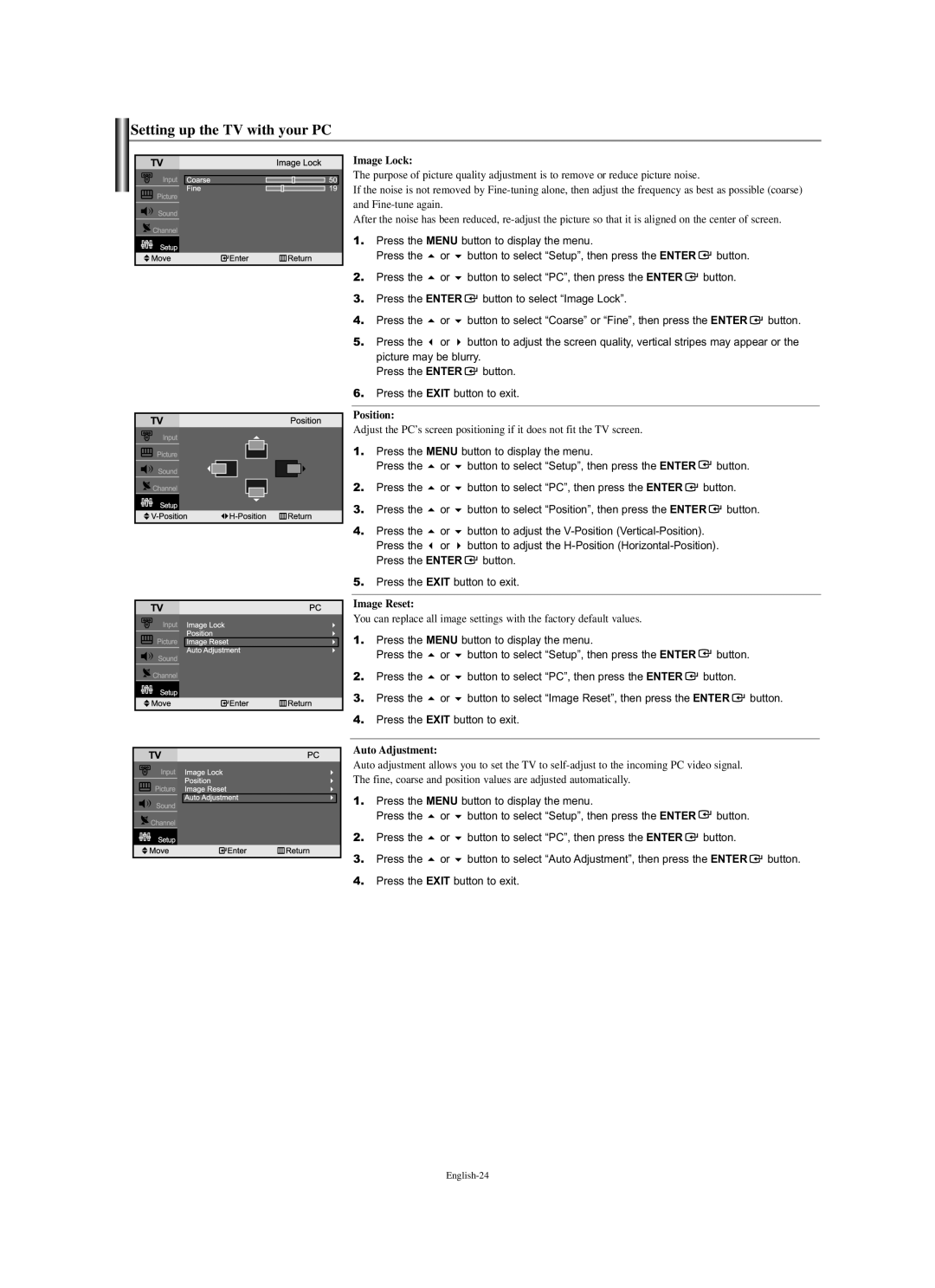 Samsung LN-S2338W manual Setting up the TV with your PC, Image Lock, Position, Image Reset, Auto Adjustment 