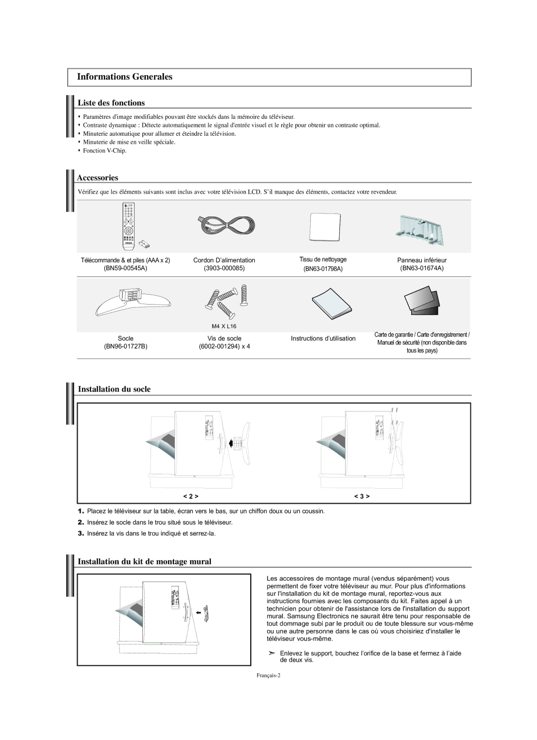 Samsung LN-S2338W Informations Generales, Liste des fonctions, Installation du socle, Installation du kit de montage mural 