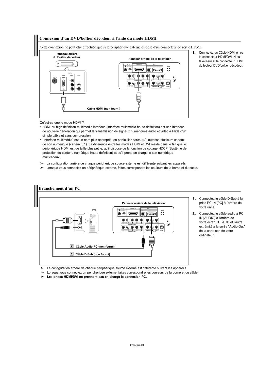 Samsung LN-S2338W manual Connexion d’un DVD/boîtier décodeur à l’aide du mode Hdmi, Branchement d’un PC 