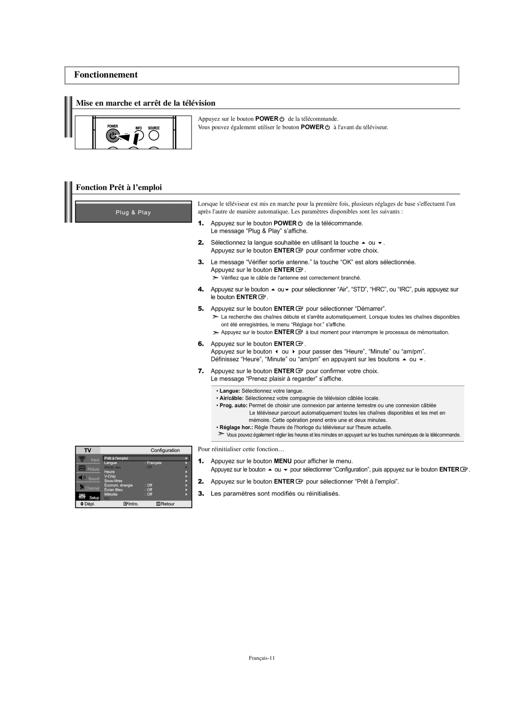 Samsung LN-S2338W manual Fonctionnement, Mise en marche et arrêt de la télévision, Fonction Prêt à l’emploi 