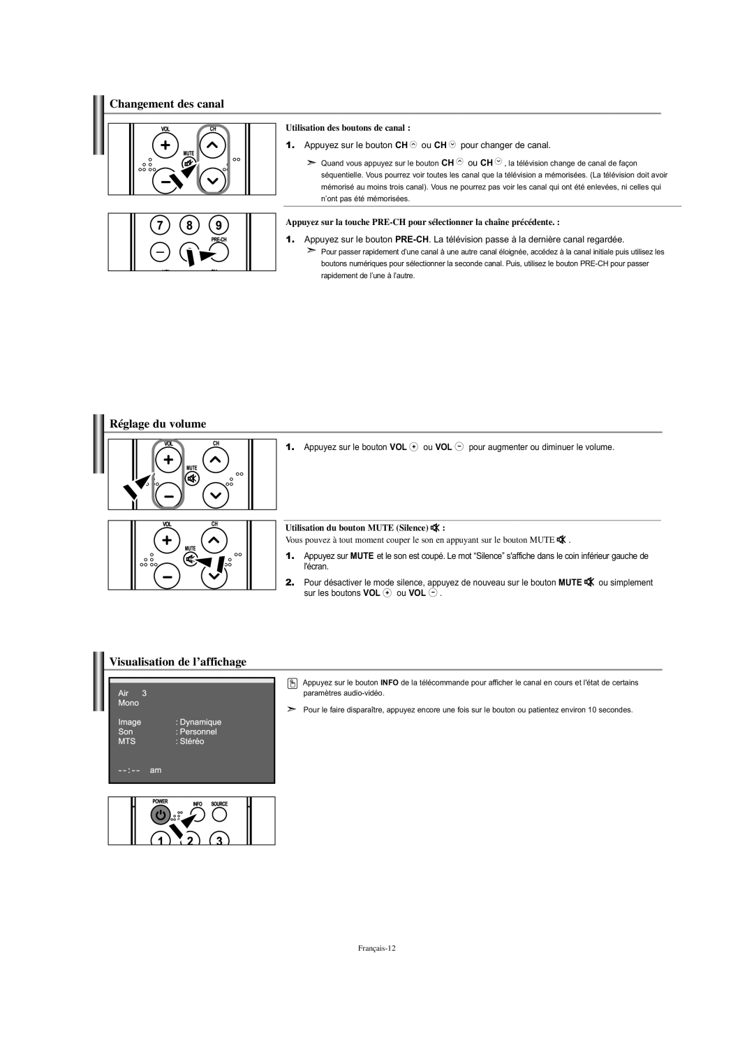 Samsung LN-S2338W Changement des canal, Réglage du volume, Visualisation de l’affichage, Utilisation des boutons de canal 