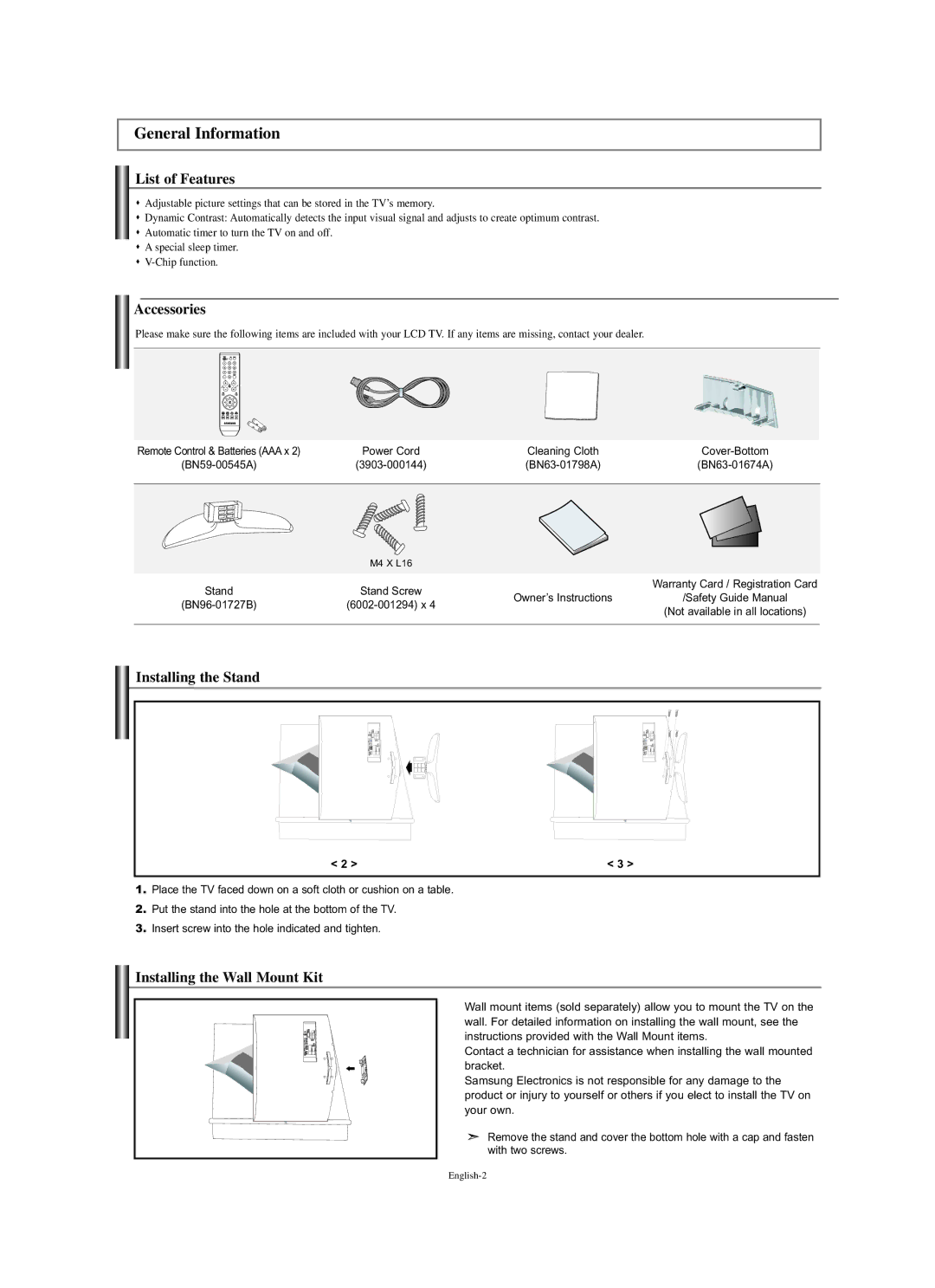 Samsung LN-S2338W General Information, List of Features, Accessories, Installing the Stand, Installing the Wall Mount Kit 