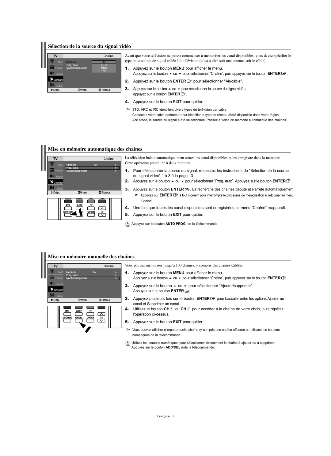 Samsung LN-S2338W manual Sélection de la source du signal vidéo, Mise en mémoire automatique des chaînes 