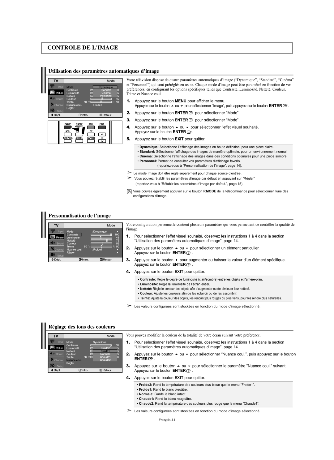 Samsung LN-S2338W manual Utilisation des paramètres automatiques d’image, Personnalisation de l’image 