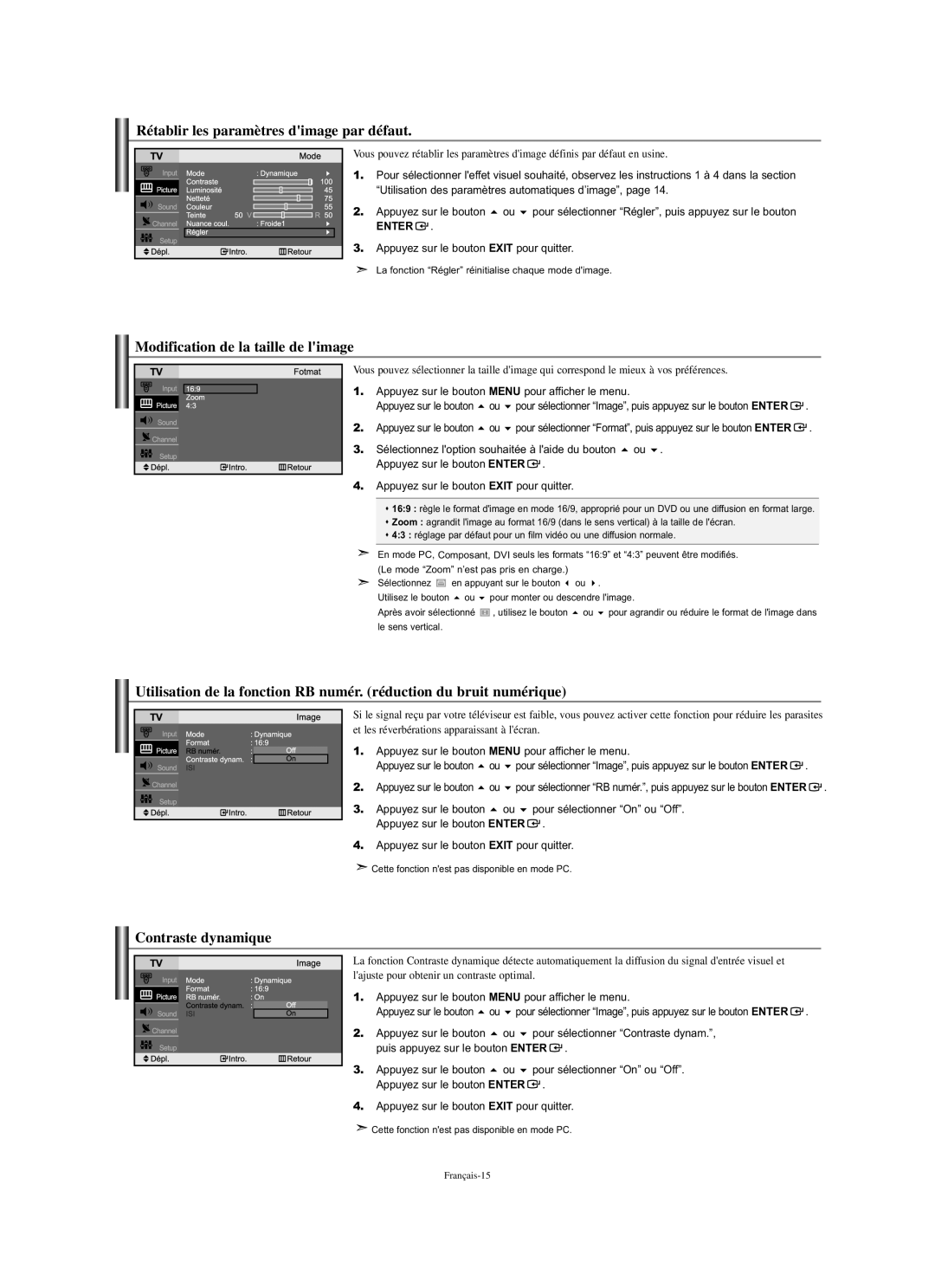 Samsung LN-S2338W Rétablir les paramètres dimage par défaut, Modification de la taille de limage, Contraste dynamique 