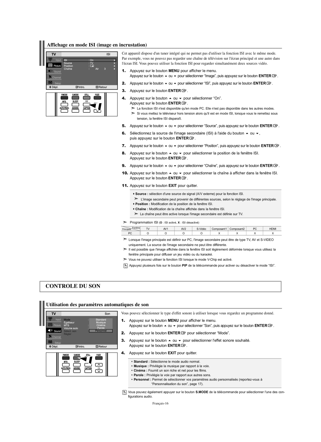 Samsung LN-S2338W manual Affichage en mode ISI image en incrustation, Utilisation des paramètres automatiques de son 