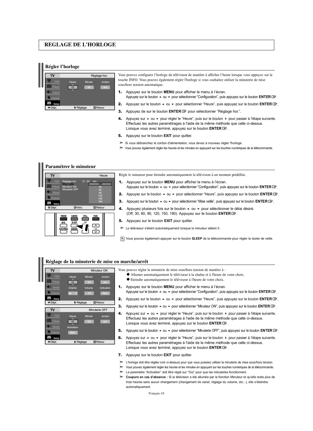 Samsung LN-S2338W manual Régler l’horloge, Paramétrer le minuteur, Réglage de la minuterie de mise en marche/arrêt 