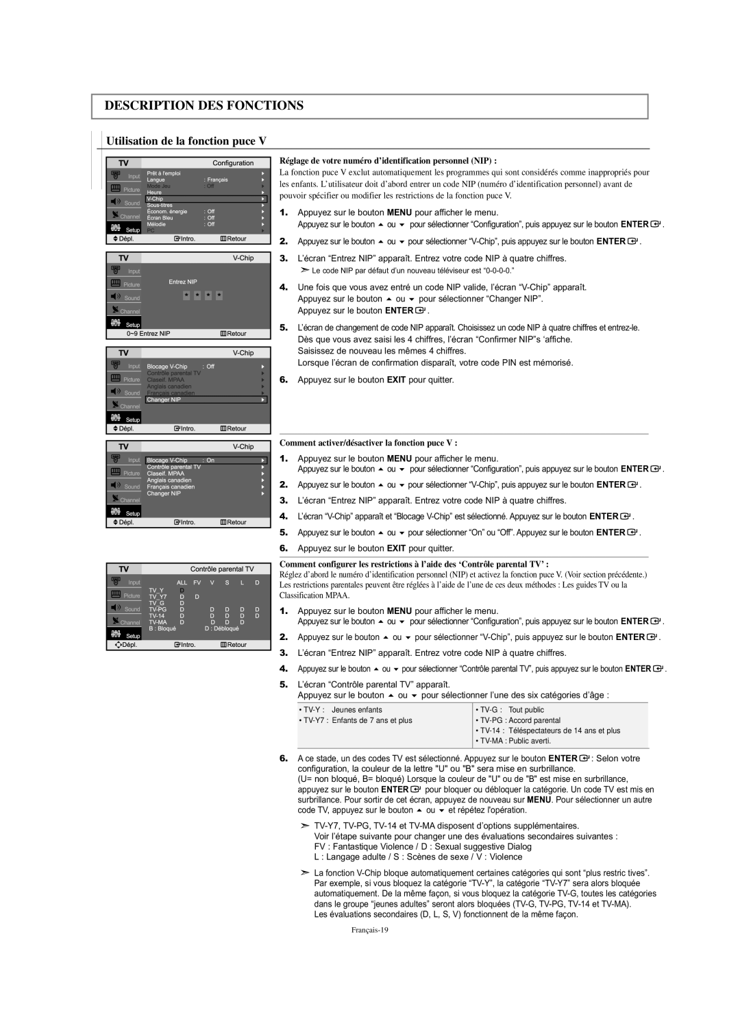 Samsung LN-S2338W manual Utilisation de la fonction puce, Réglage de votre numéro d’identification personnel NIP 