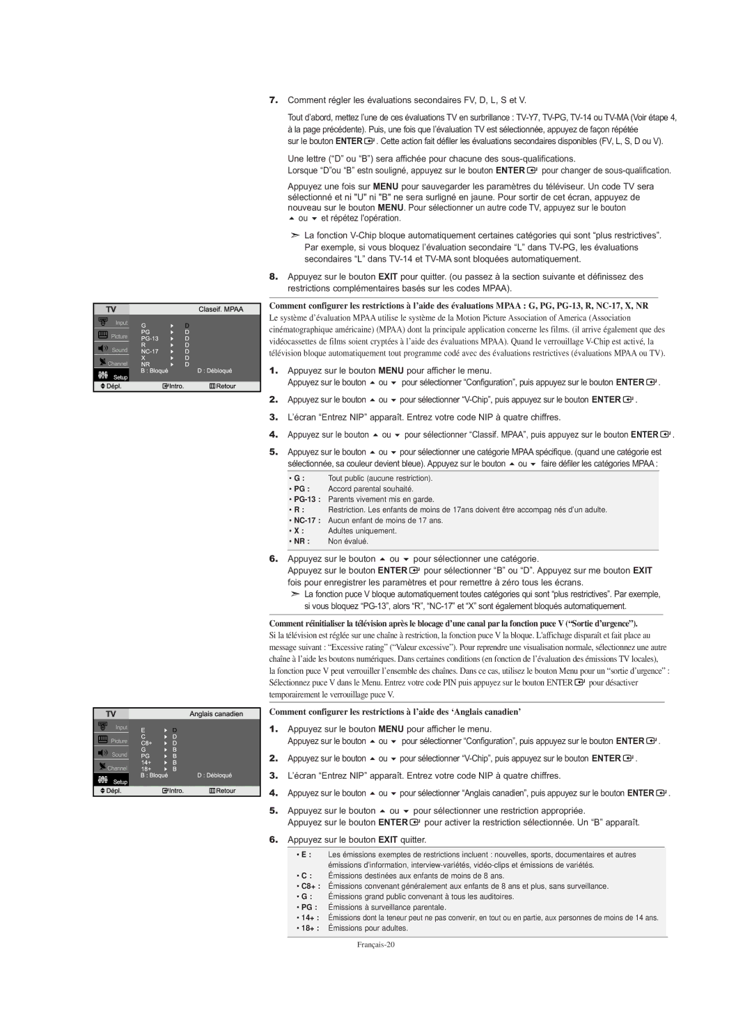 Samsung LN-S2338W Comment régler les évaluations secondaires FV, D, L, S et, Pour sélectionner une restriction appropriée 