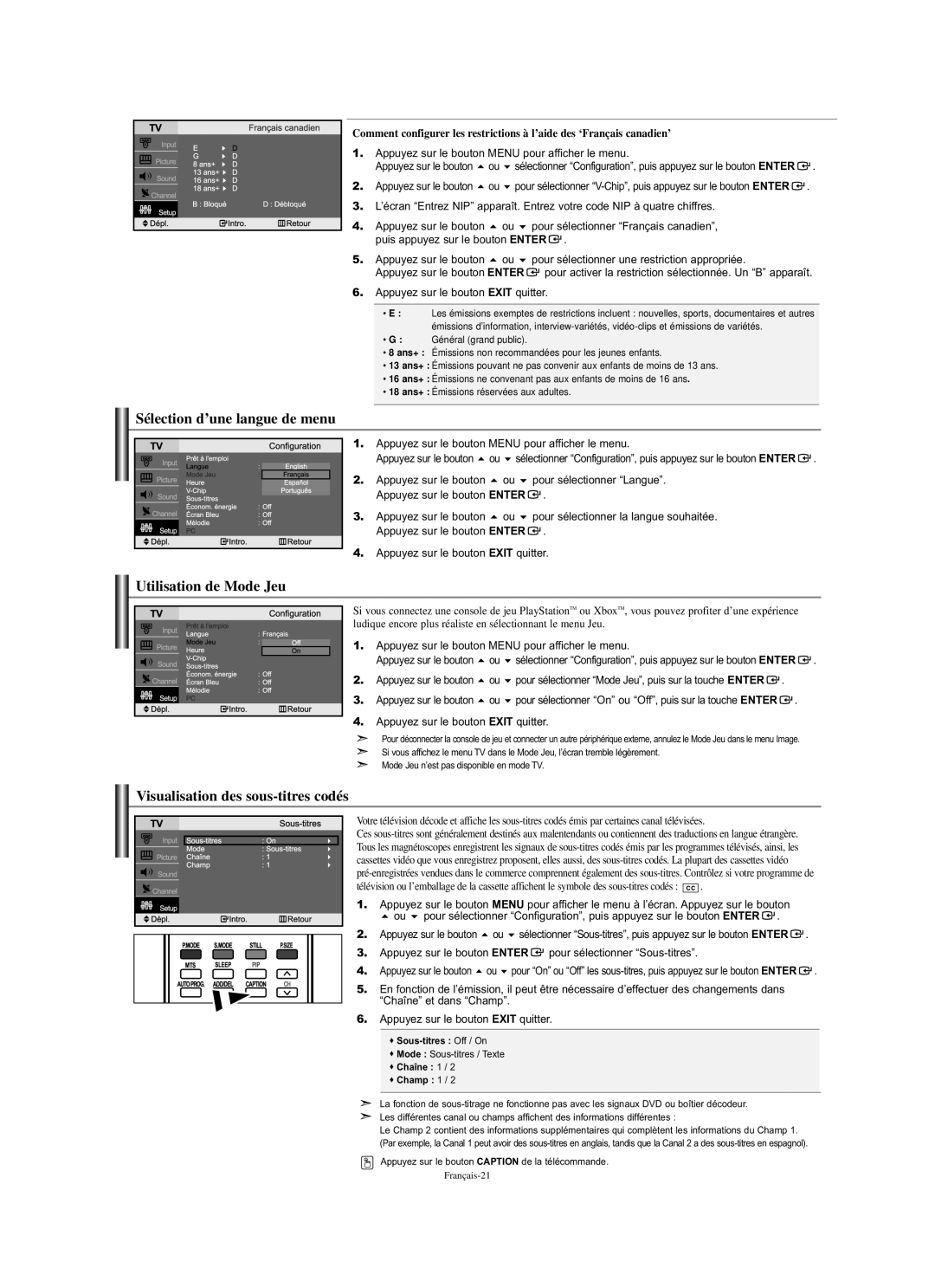 Samsung LN-S2338W manual Sélection d’une langue de menu, Utilisation de Mode Jeu, Visualisation des sous-titres codés 