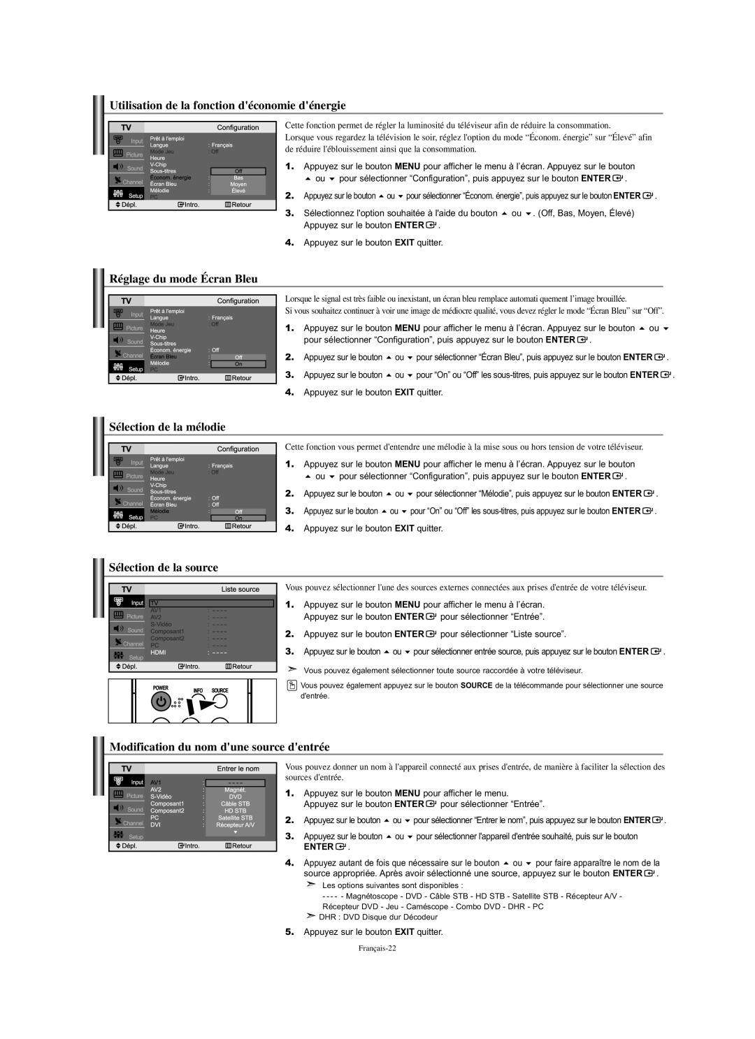 Samsung LN-S2338W manual Utilisation de la fonction déconomie dénergie, Réglage du mode Écran Bleu, Sélection de la mélodie 