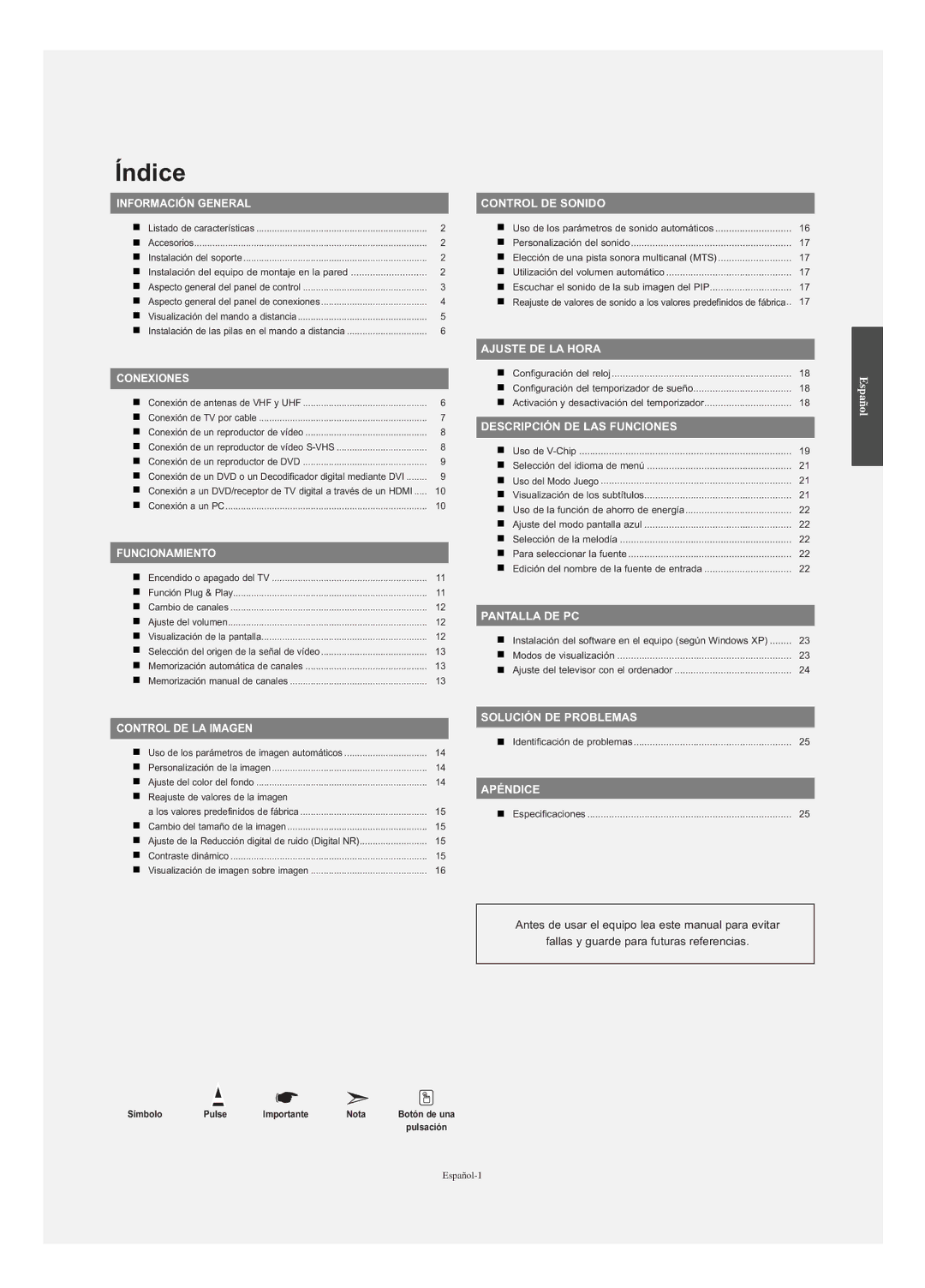 Samsung LN-S2338W manual Índice, Símbolo Pulse Importante Nota 