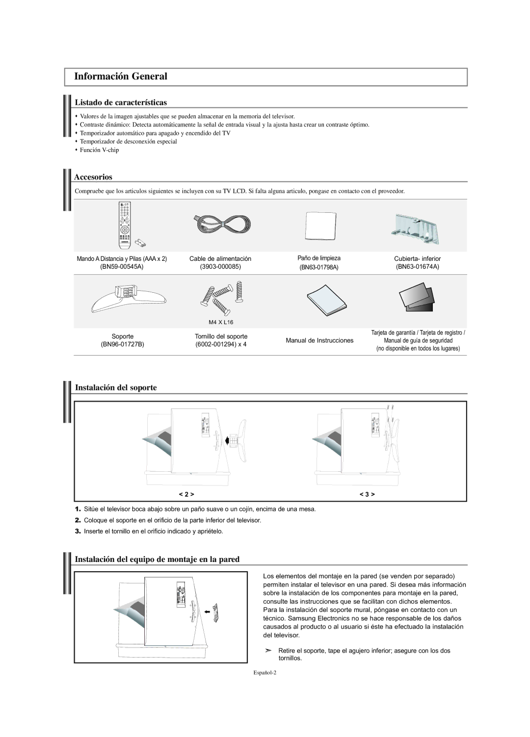 Samsung LN-S2338W manual Listado de características, Accesorios, Instalación del soporte, Manual de Instrucciones 