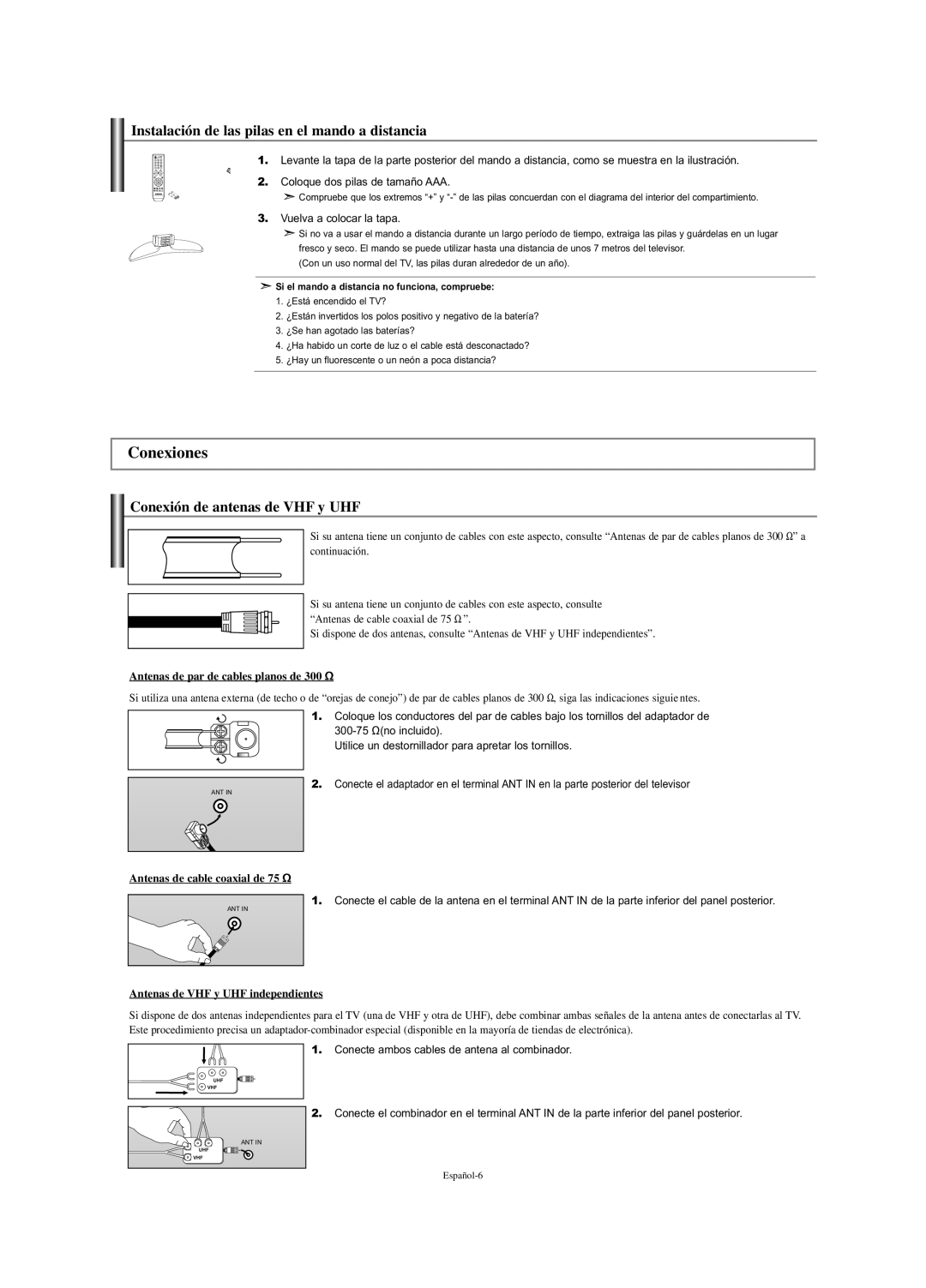 Samsung LN-S2338W manual Conexiones, Instalación de las pilas en el mando a distancia, Conexión de antenas de VHF y UHF 