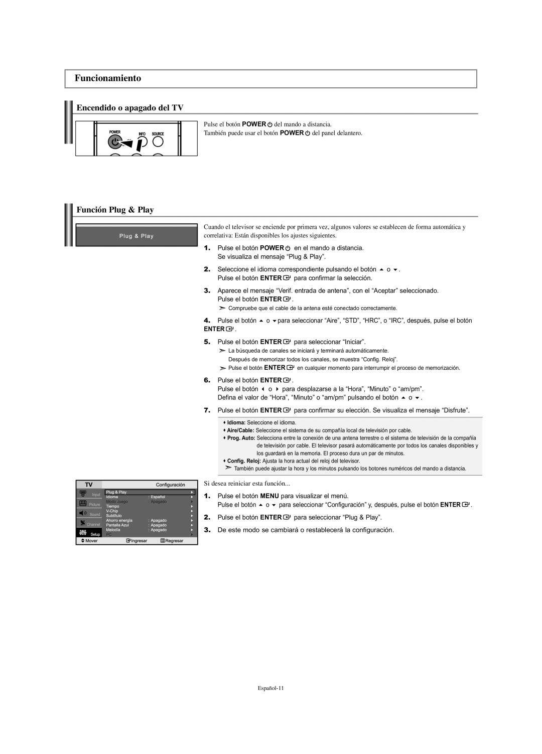 Samsung LN-S2338W manual Funcionamiento, Encendido o apagado del TV, Función Plug & Play, Pulse el botón 