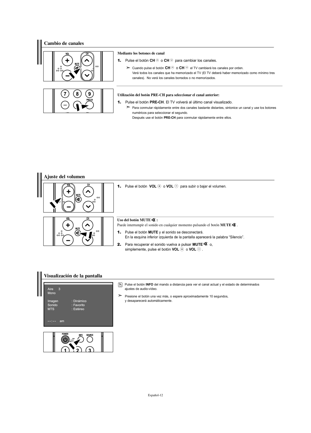 Samsung LN-S2338W manual Cambio de canales, Ajuste del volumen, Visualización de la pantalla, Mediante los botones de canal 