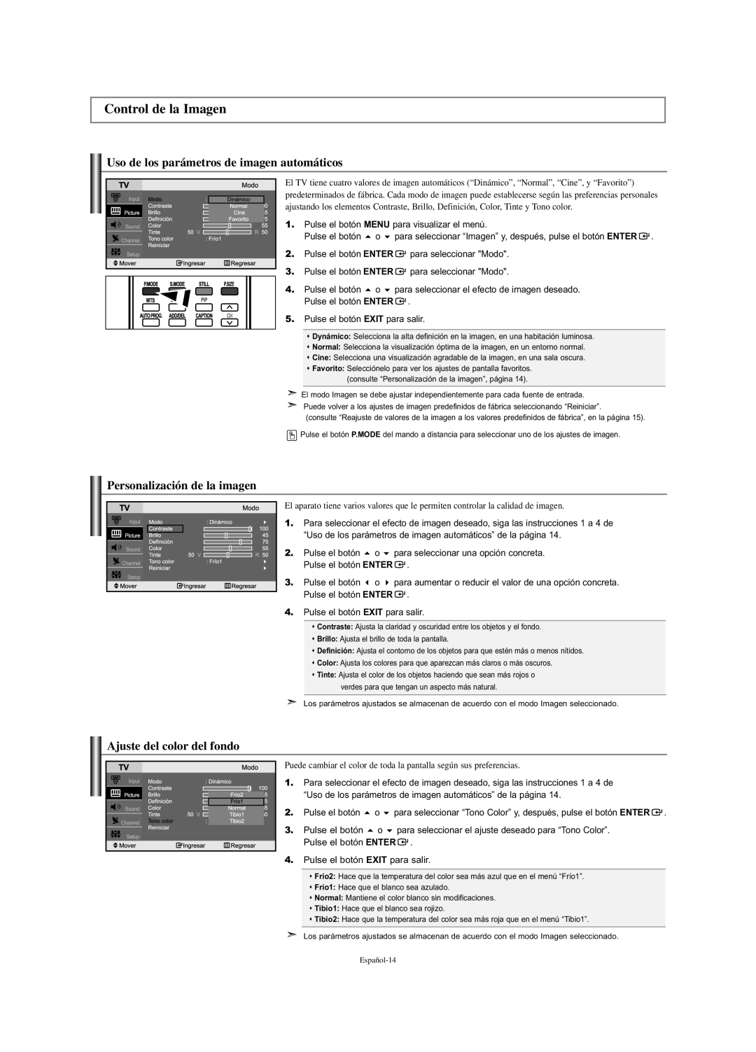 Samsung LN-S2338W manual Control de la Imagen, Uso de los parámetros de imagen automáticos, Personalización de la imagen 