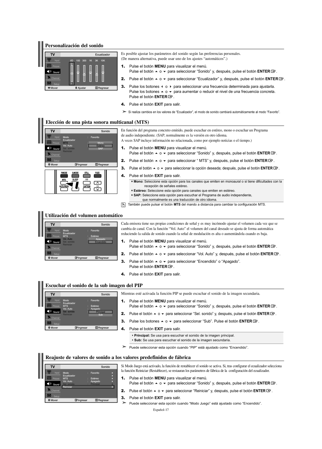 Samsung LN-S2338W manual Personalización del sonido, Elección de una pista sonora multicanal MTS 