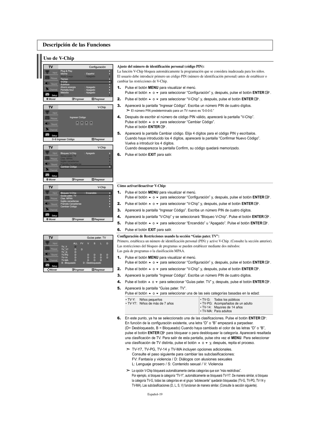 Samsung LN-S2338W Descripción de las Funciones, Uso de V-Chip, Ajuste del número de identificación personal código PIN 