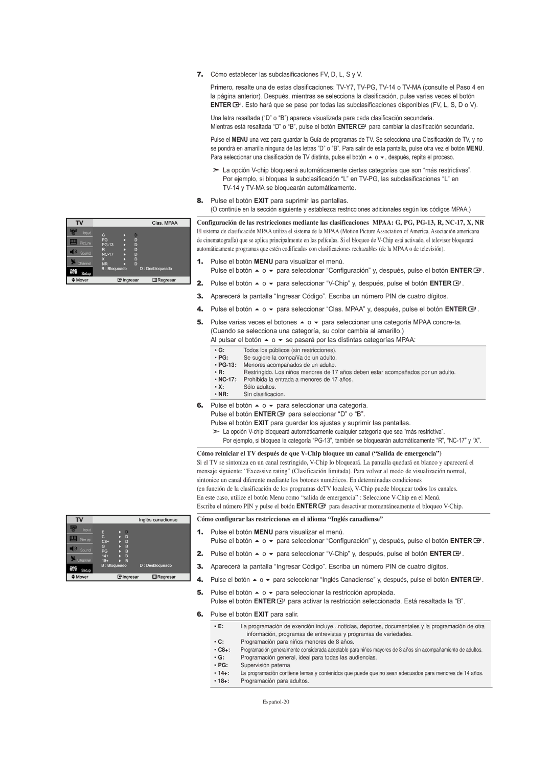 Samsung LN-S2338W manual Cómo establecer las subclasificaciones FV, D, L, S y, Se pasará por las distintas categorías Mpaa 