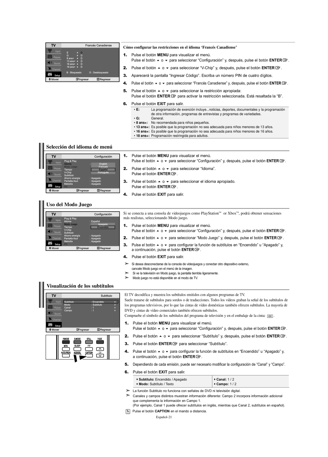 Samsung LN-S2338W manual Selección del idioma de menú, Uso del Modo Juego Visualización de los subtítulos, Canal 1 Campo 1 