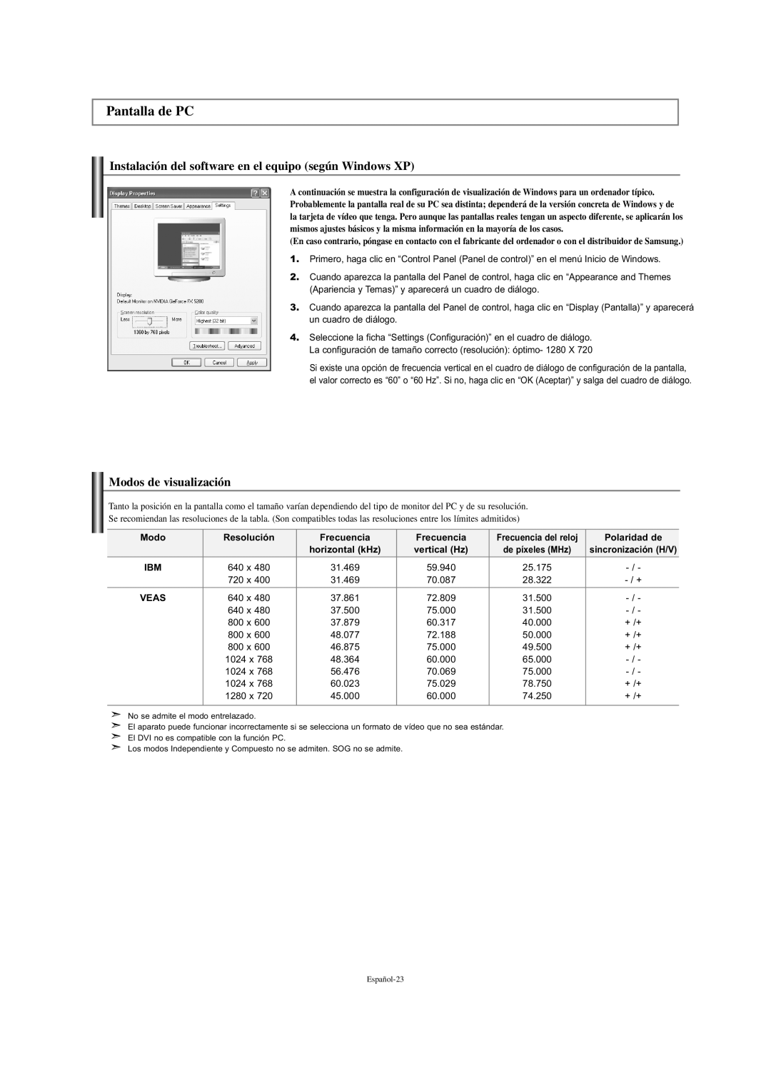 Samsung LN-S2338W manual Pantalla de PC, Instalación del software en el equipo según Windows XP, Modos de visualización 