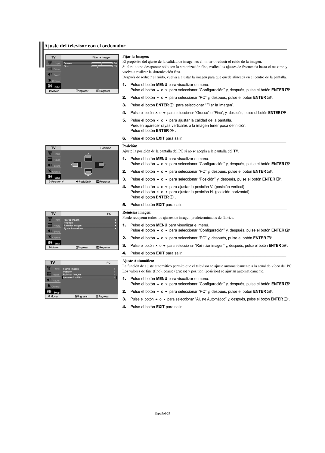 Samsung LN-S2338W Ajuste del televisor con el ordenador, Fijar la Imagen, Posición, Reiniciar imagen, Ajuste Automático 