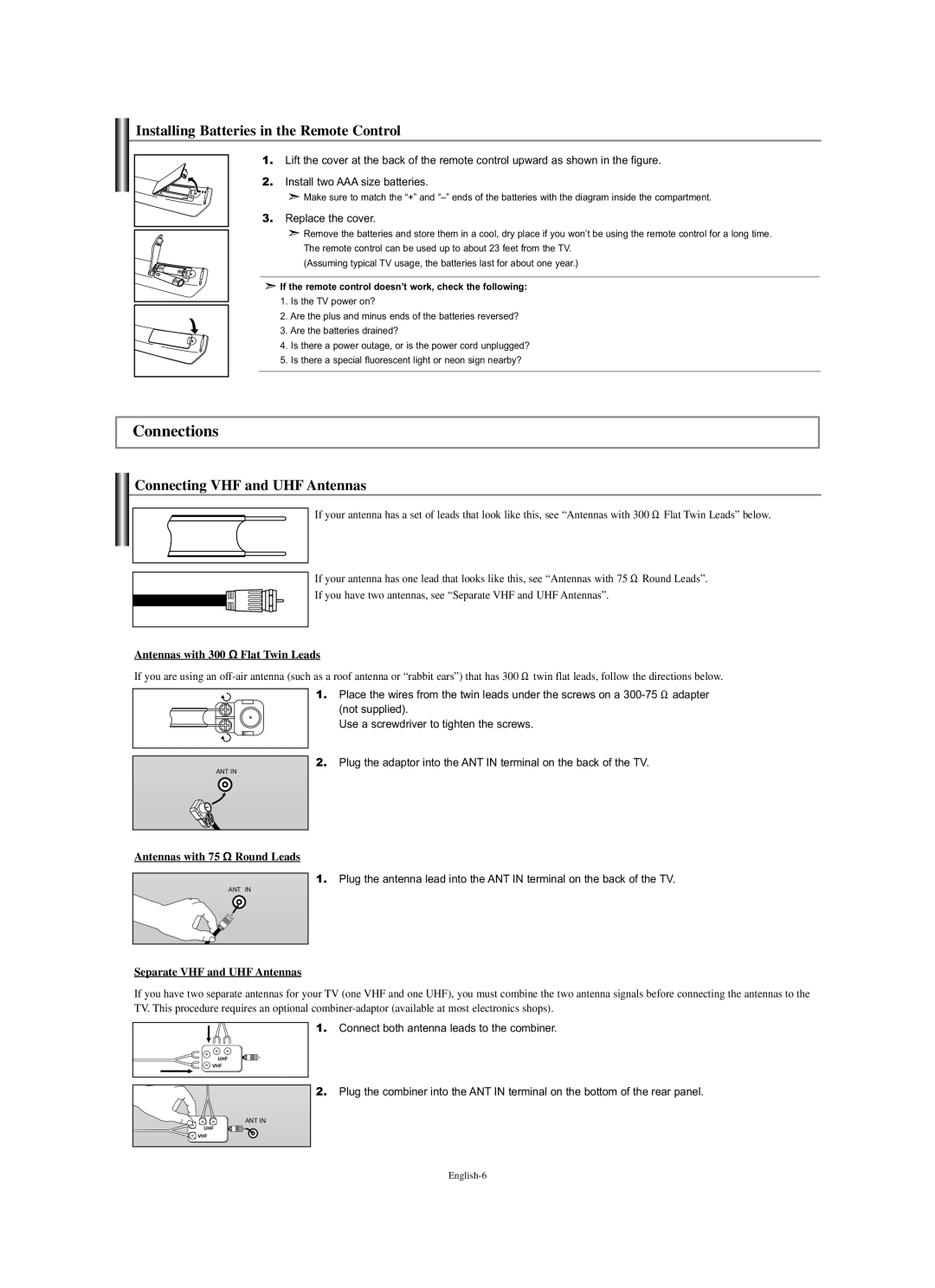 Samsung LN-S2338W manual Connections, Installing Batteries in the Remote Control, Connecting VHF and UHF Antennas 