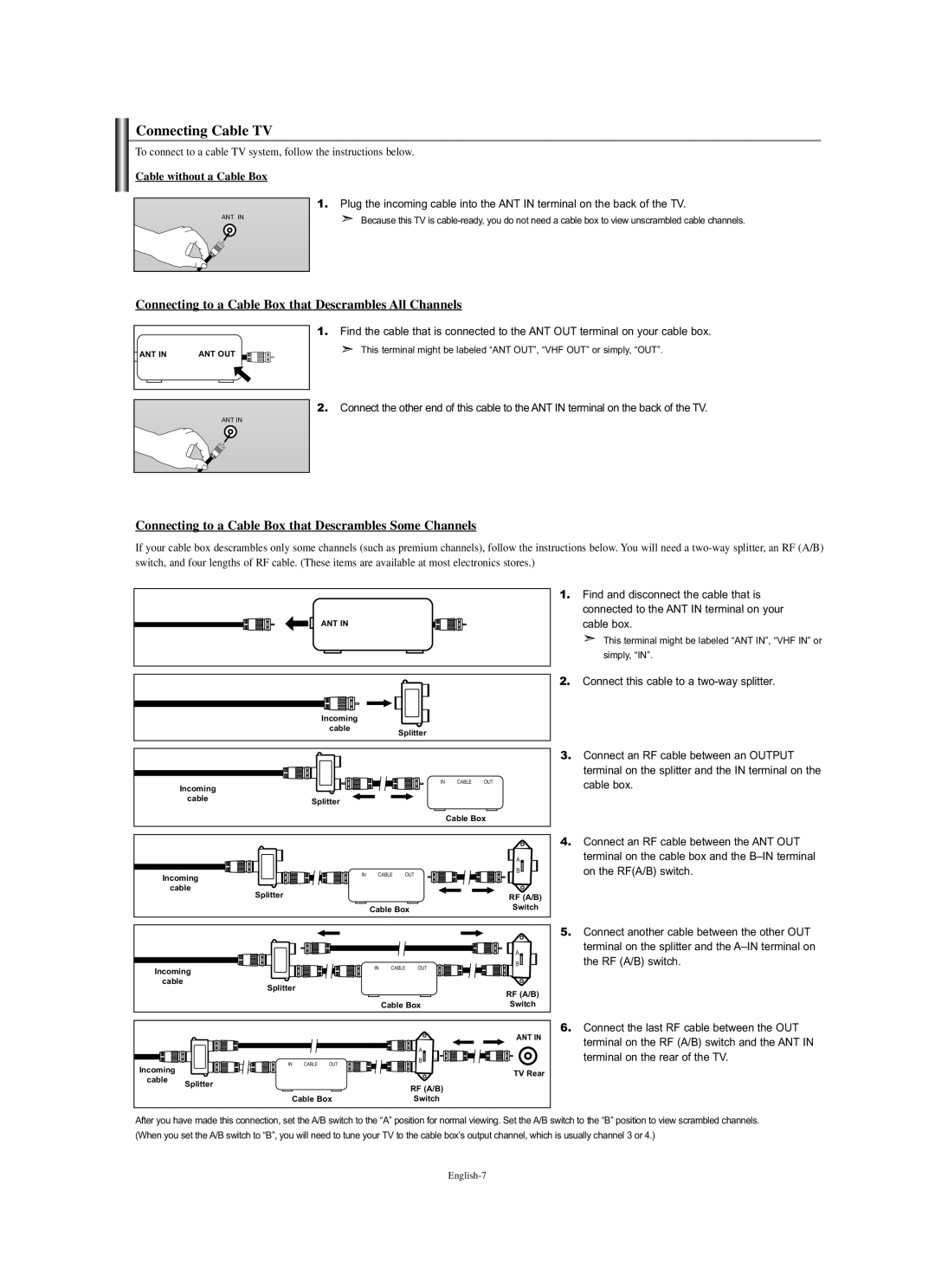 Samsung LN-S2338W manual Connecting Cable TV, Cable without a Cable Box, Connect an RF cable between an Output, Cable box 