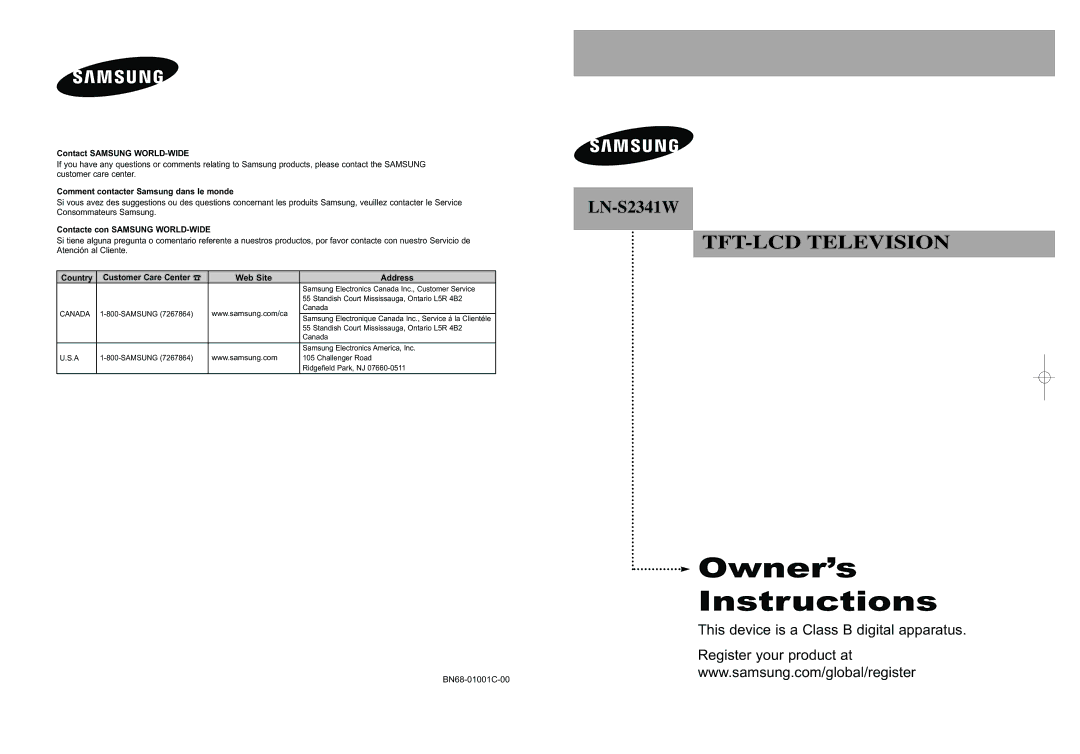 Samsung LN-S2341W manual Contact Samsung WORLD-WIDE, Samsung Electronique Canada Inc., Service á la Clientéle 