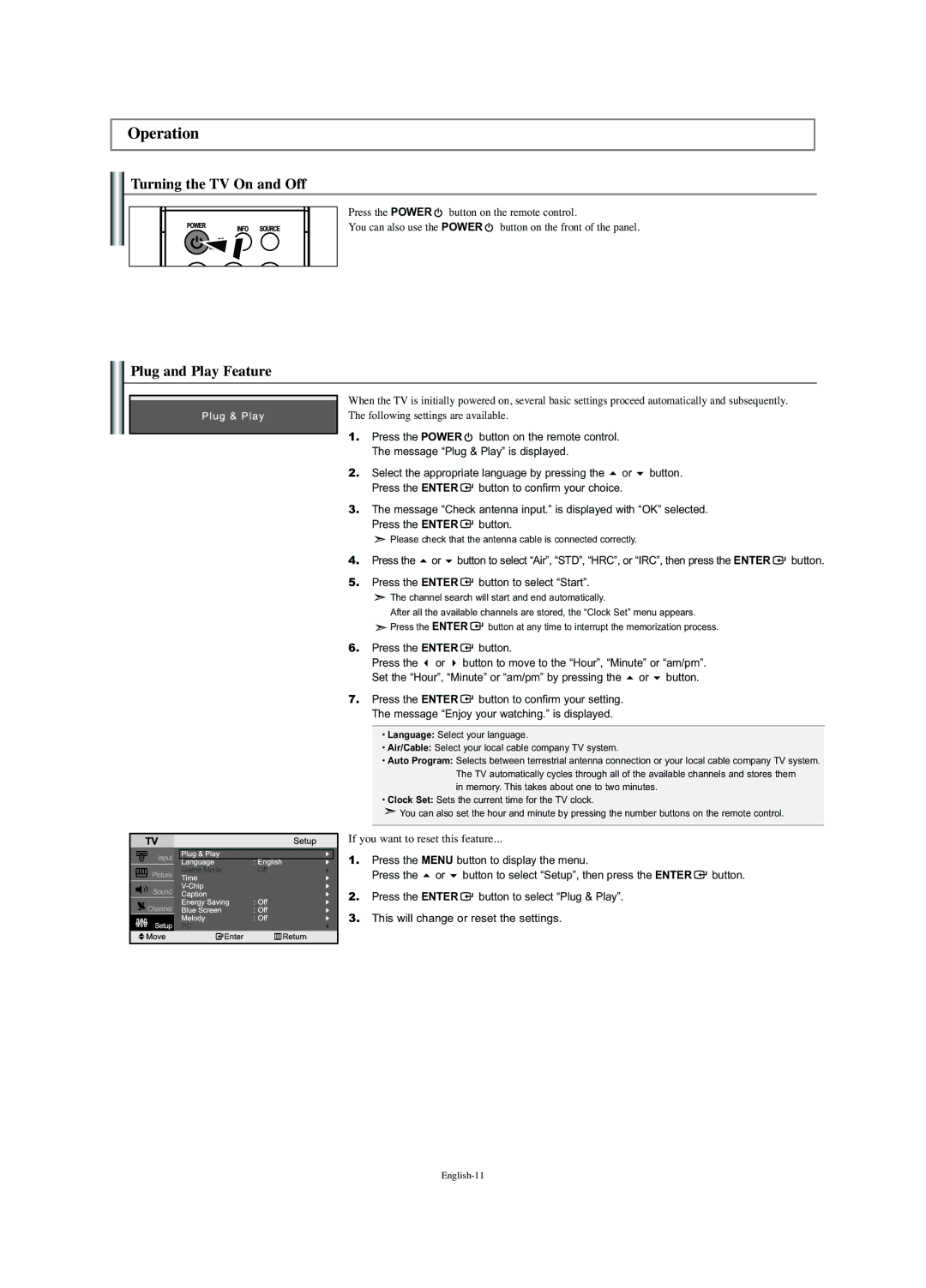 Samsung LN-S2341W manual Operation, Turning the TV On and Off, Plug and Play Feature 