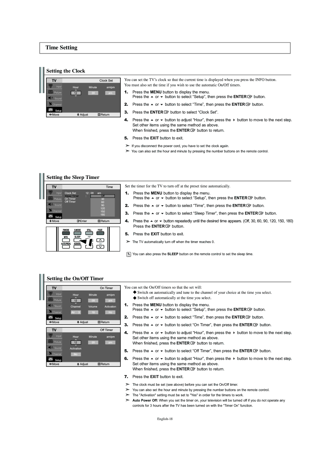 Samsung LN-S2341W manual Time Setting, Setting the Clock, Setting the Sleep Timer, Setting the On/Off Timer 