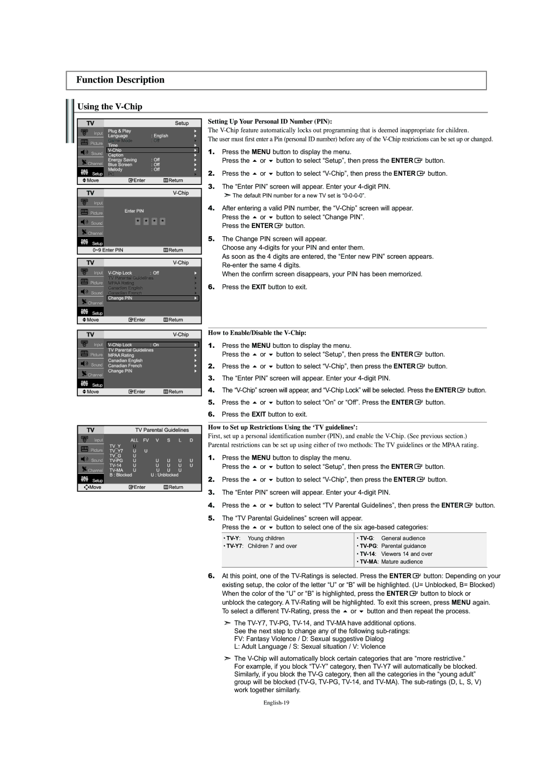 Samsung LN-S2341W manual Function Description, Using the V-Chip, Setting Up Your Personal ID Number PIN 