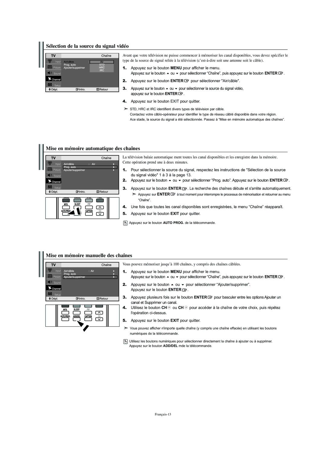 Samsung LN-S2341W manual Sélection de la source du signal vidéo, Mise en mémoire automatique des chaînes 