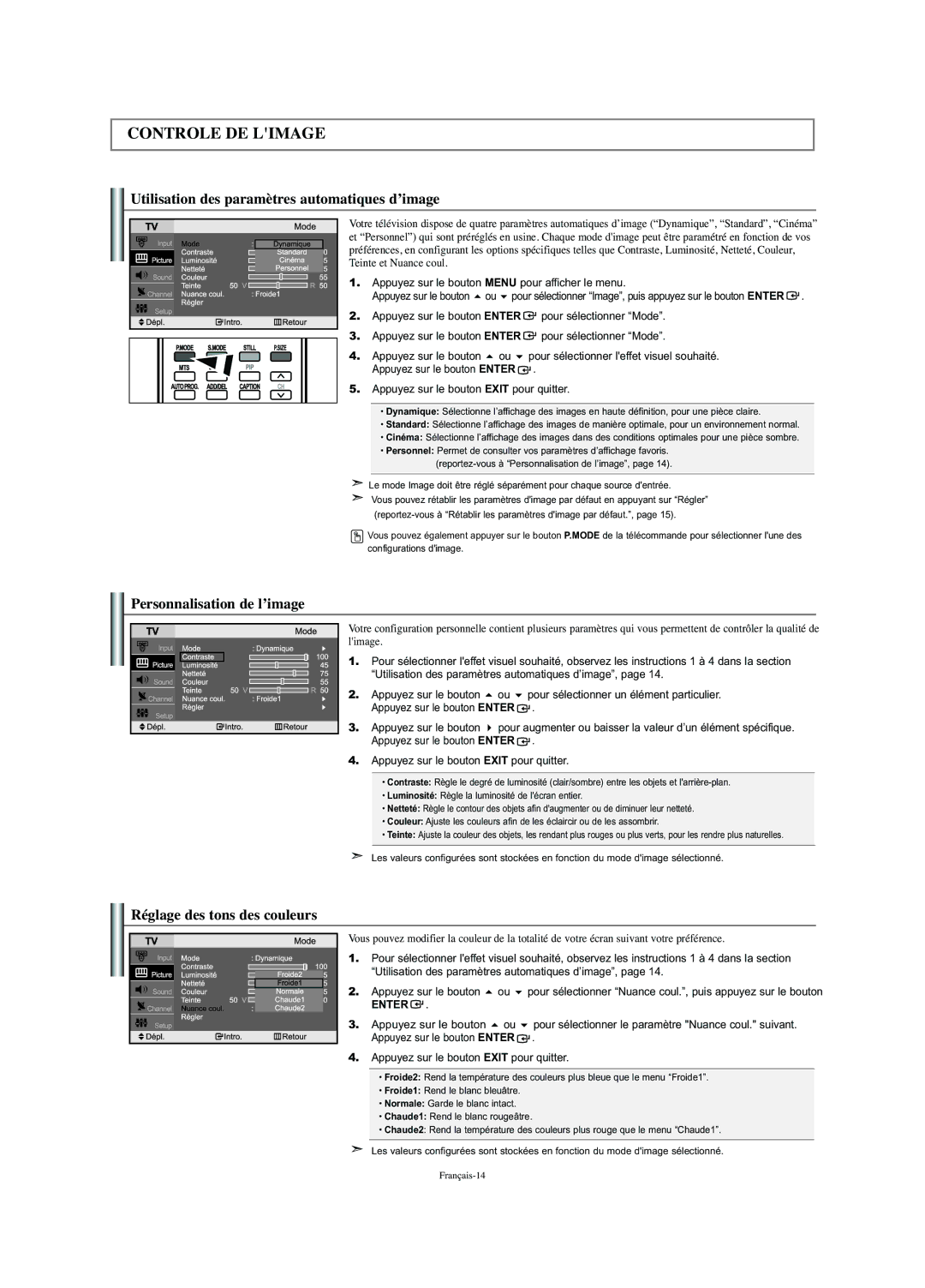 Samsung LN-S2341W manual Utilisation des paramètres automatiques d’image, Personnalisation de l’image 