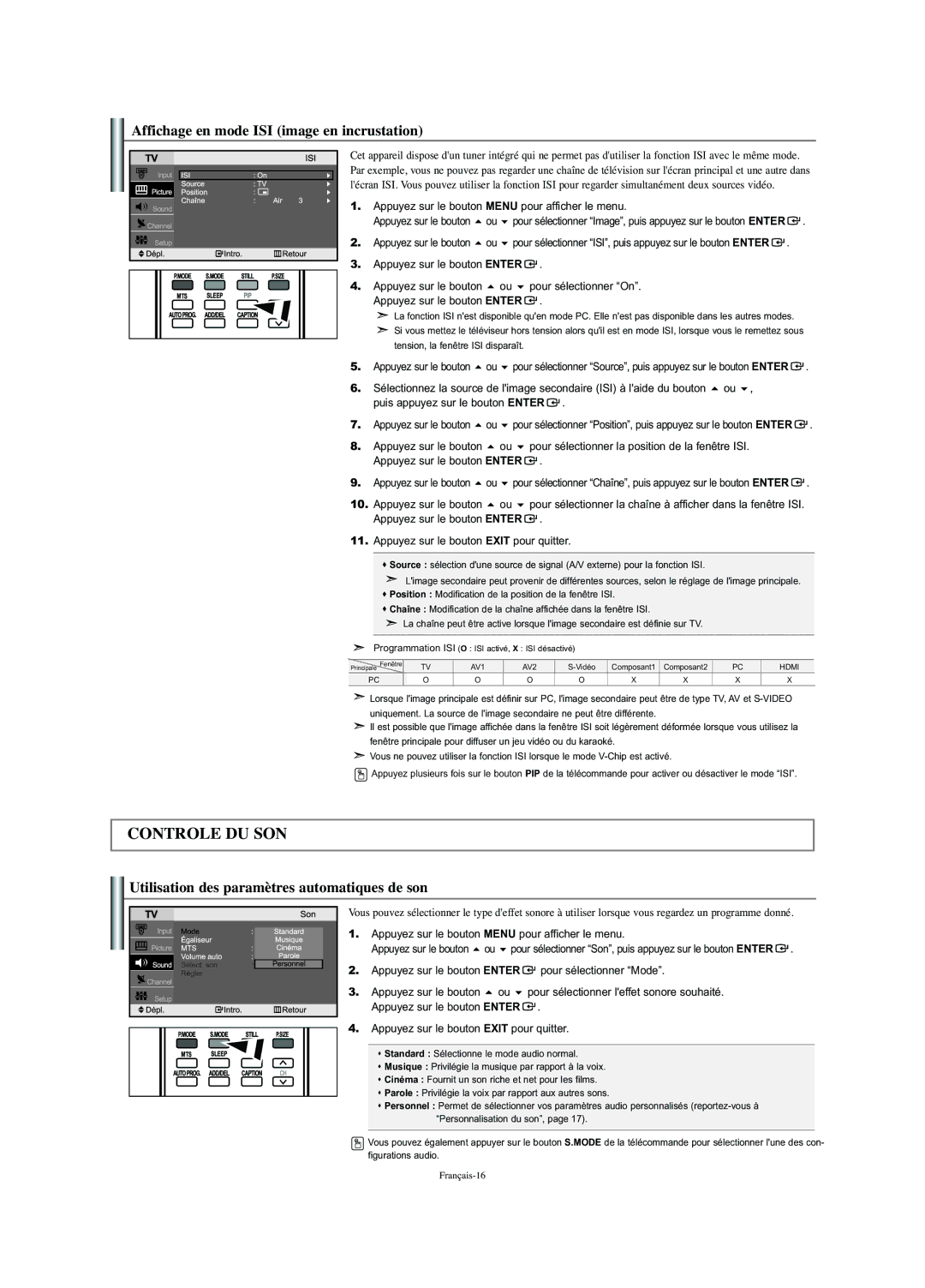 Samsung LN-S2341W manual Affichage en mode ISI image en incrustation, Utilisation des paramètres automatiques de son 