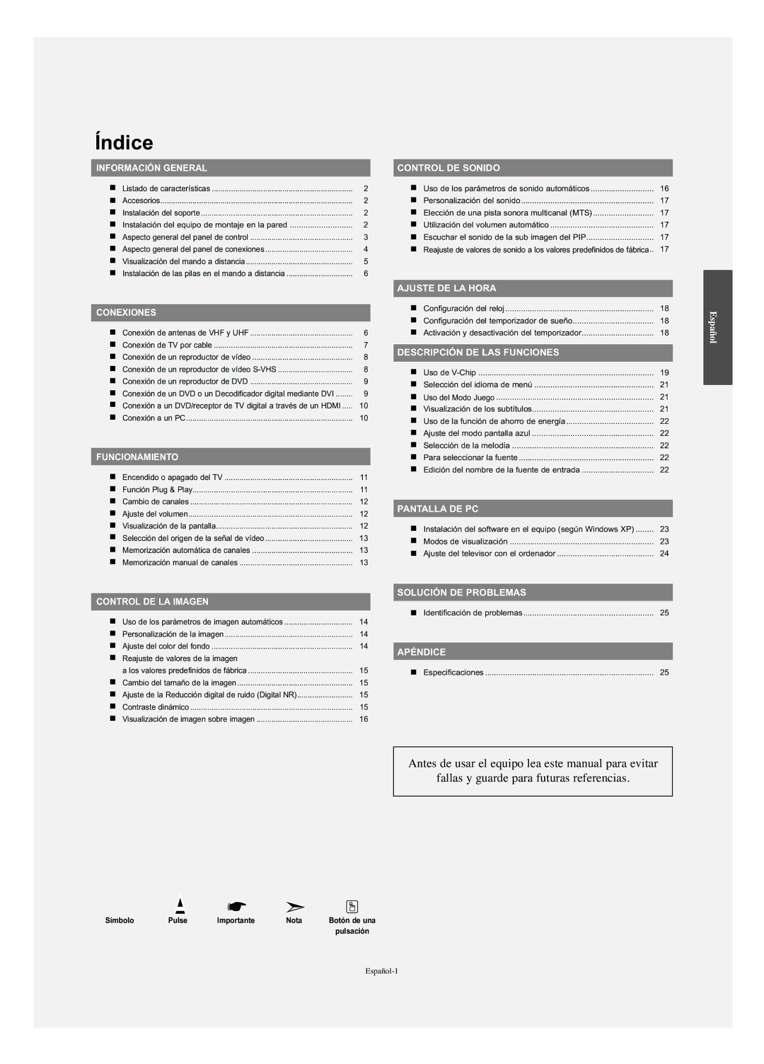 Samsung LN-S2341W manual Índice, Símbolo Pulse Importante Nota 