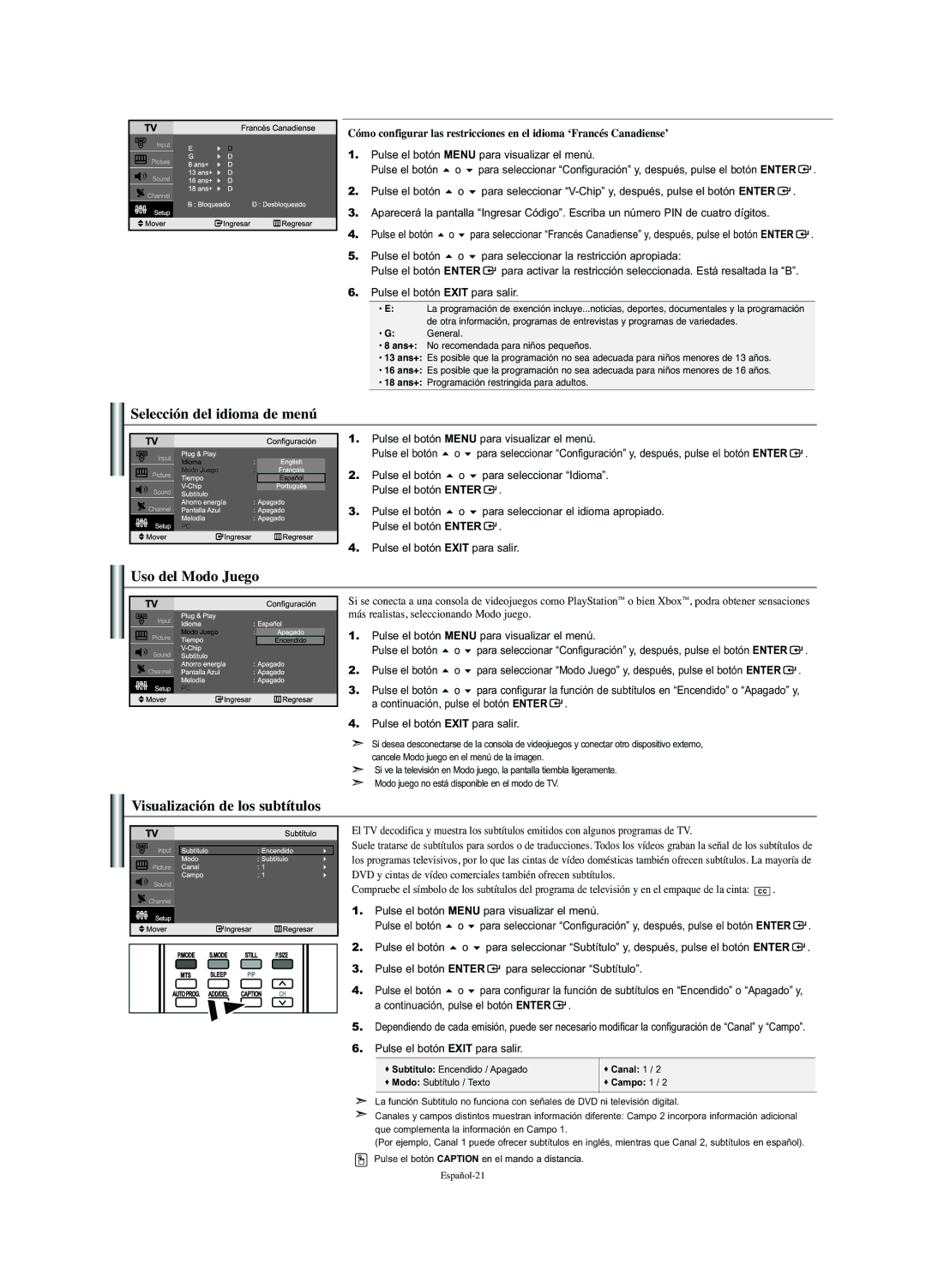 Samsung LN-S2341W manual Selección del idioma de menú, Uso del Modo Juego, Visualización de los subtítulos, Canal 1 Campo 1 