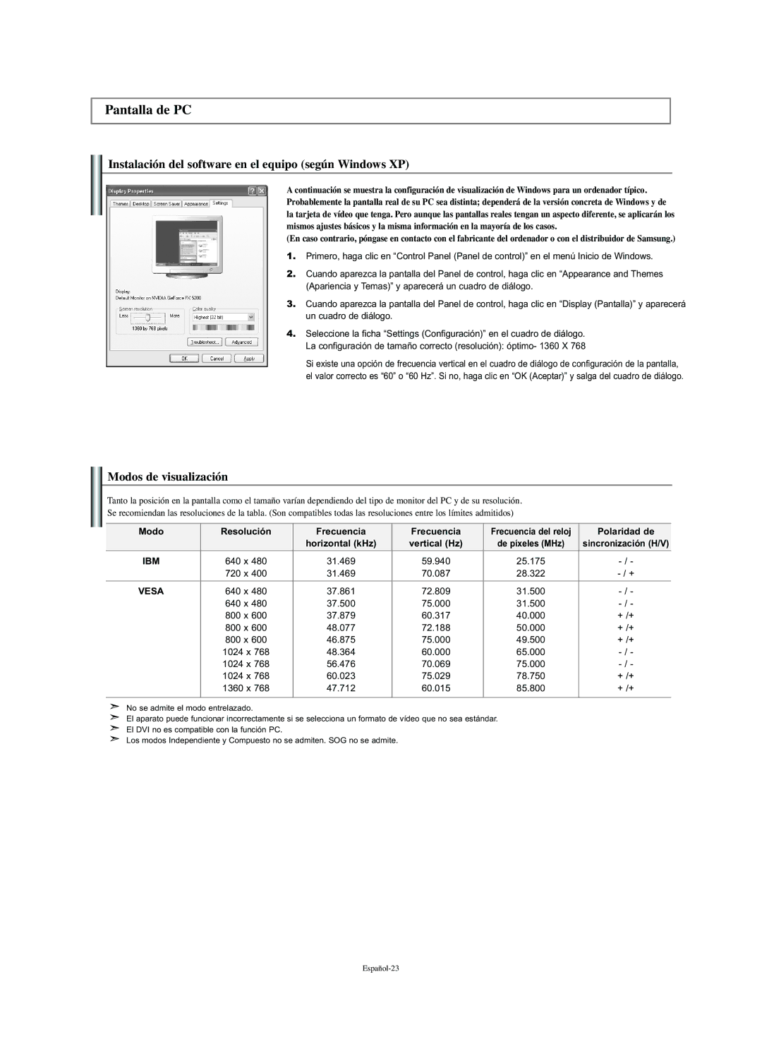 Samsung LN-S2341W manual Pantalla de PC, Instalación del software en el equipo según Windows XP, Modos de visualización 