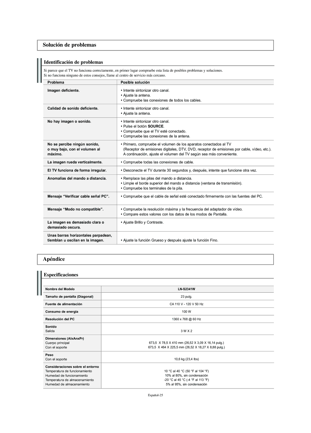 Samsung LN-S2341W manual Solución de problemas, Apéndice, Identificación de problemas, Especificaciones 