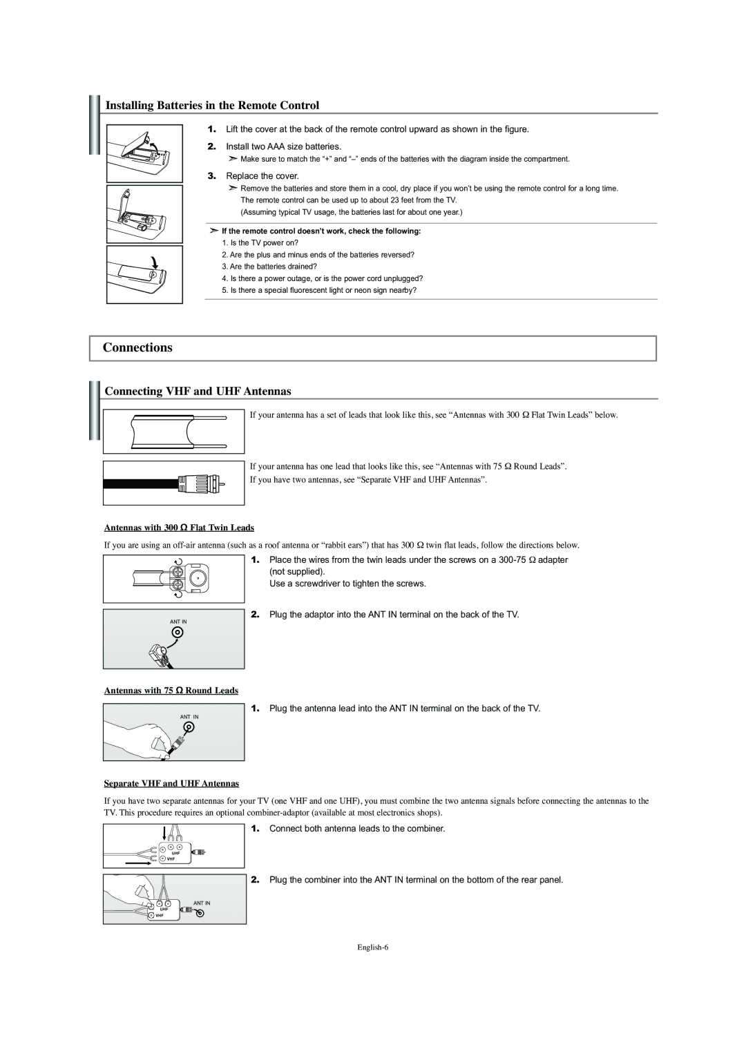 Samsung LN-S2341W manual Connections, Installing Batteries in the Remote Control, Connecting VHF and UHF Antennas 