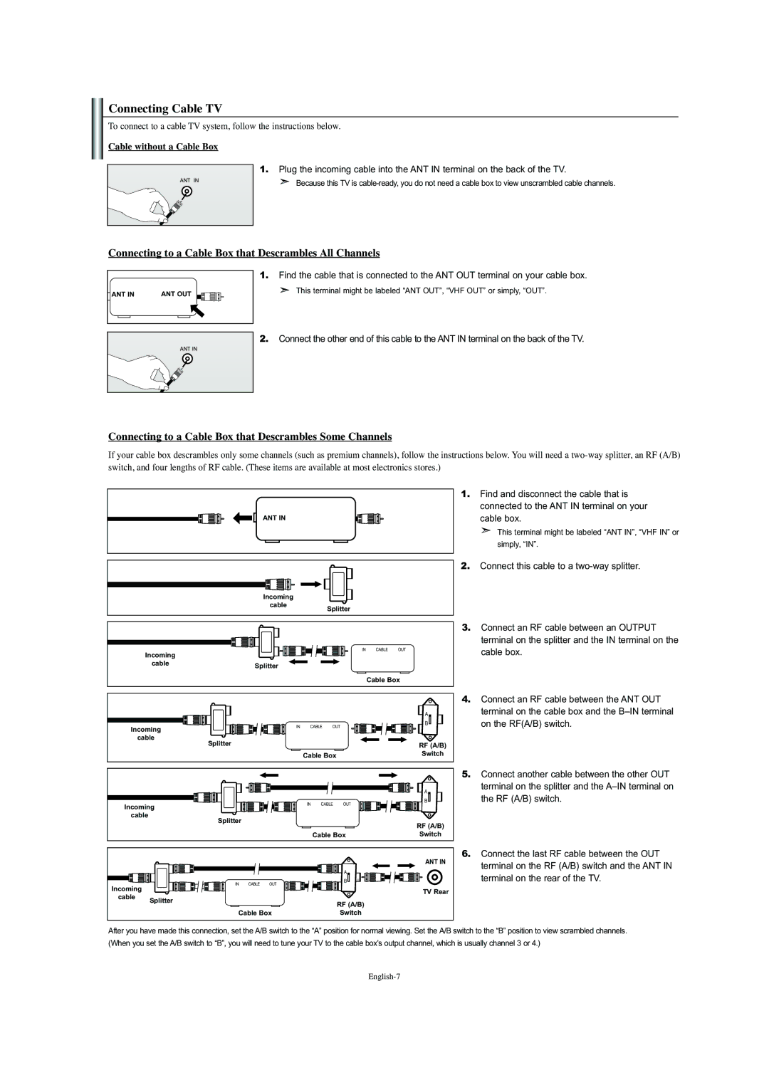 Samsung LN-S2341W manual Connecting Cable TV, Cable without a Cable Box, Connect this cable to a two-way splitter 