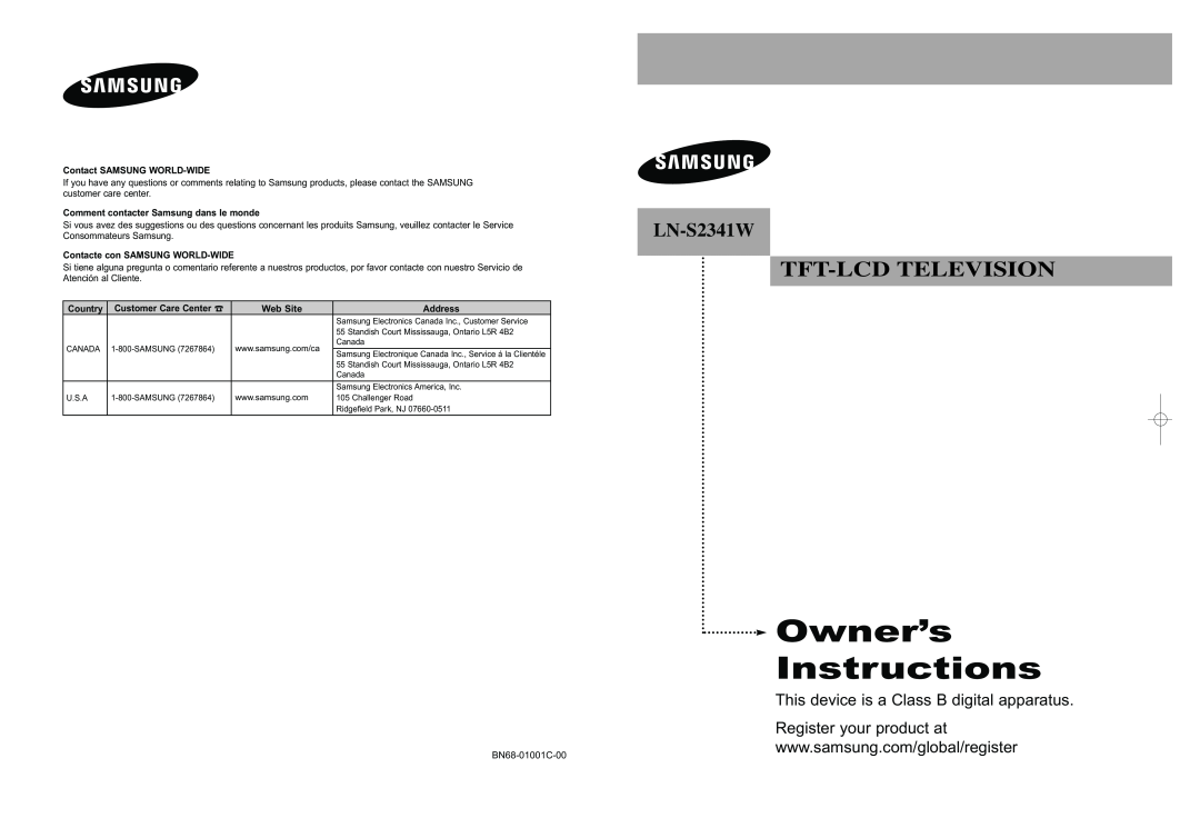 Samsung LN-S2341W manual Owner’s Instructions, Tft-Lcd Television, Contact SAMSUNG WORLD-WIDE, Country, Web Site, Address 