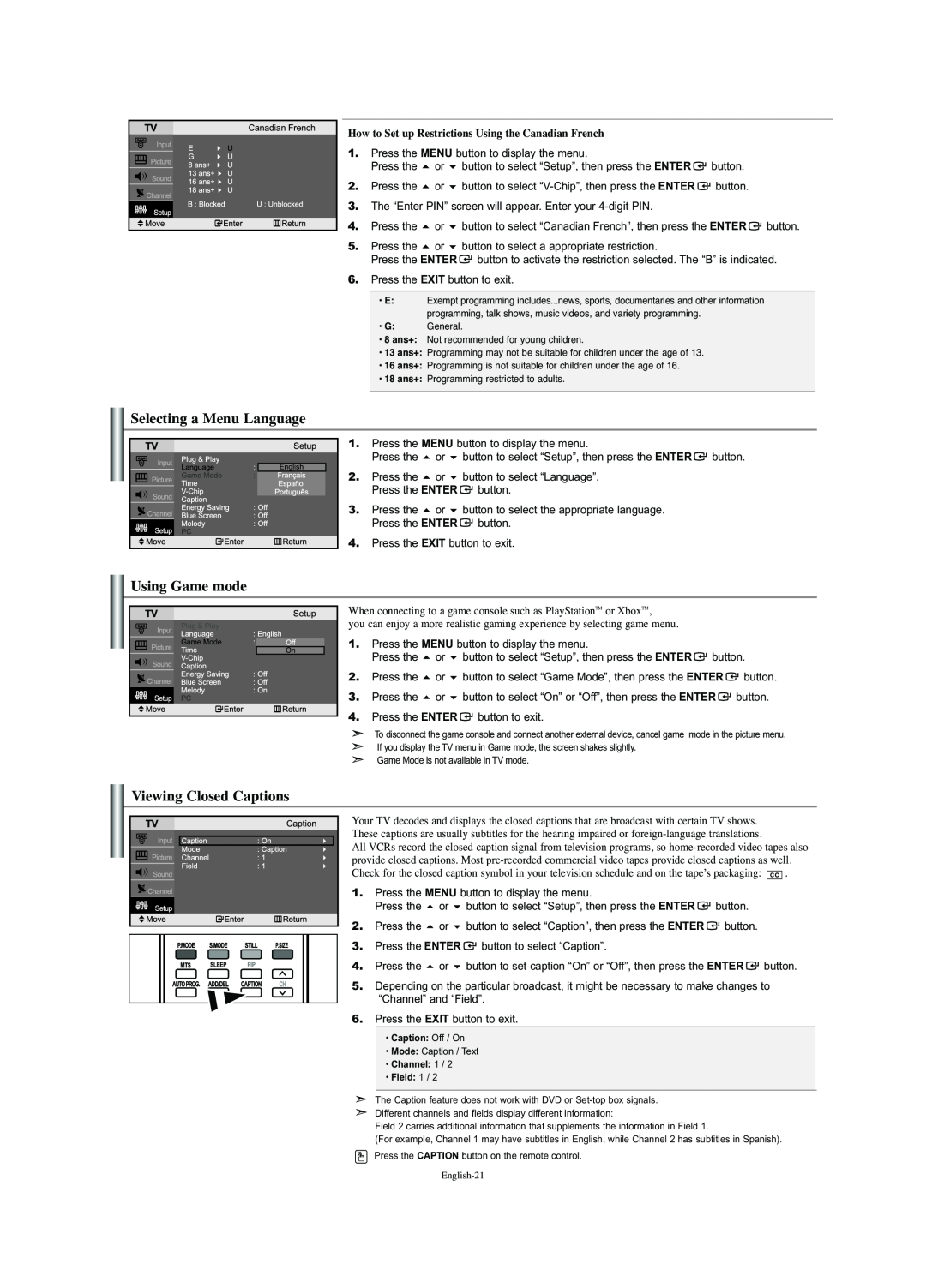 Samsung LN-S2341W manual Selecting a Menu Language, Using Game mode, Viewing Closed Captions 
