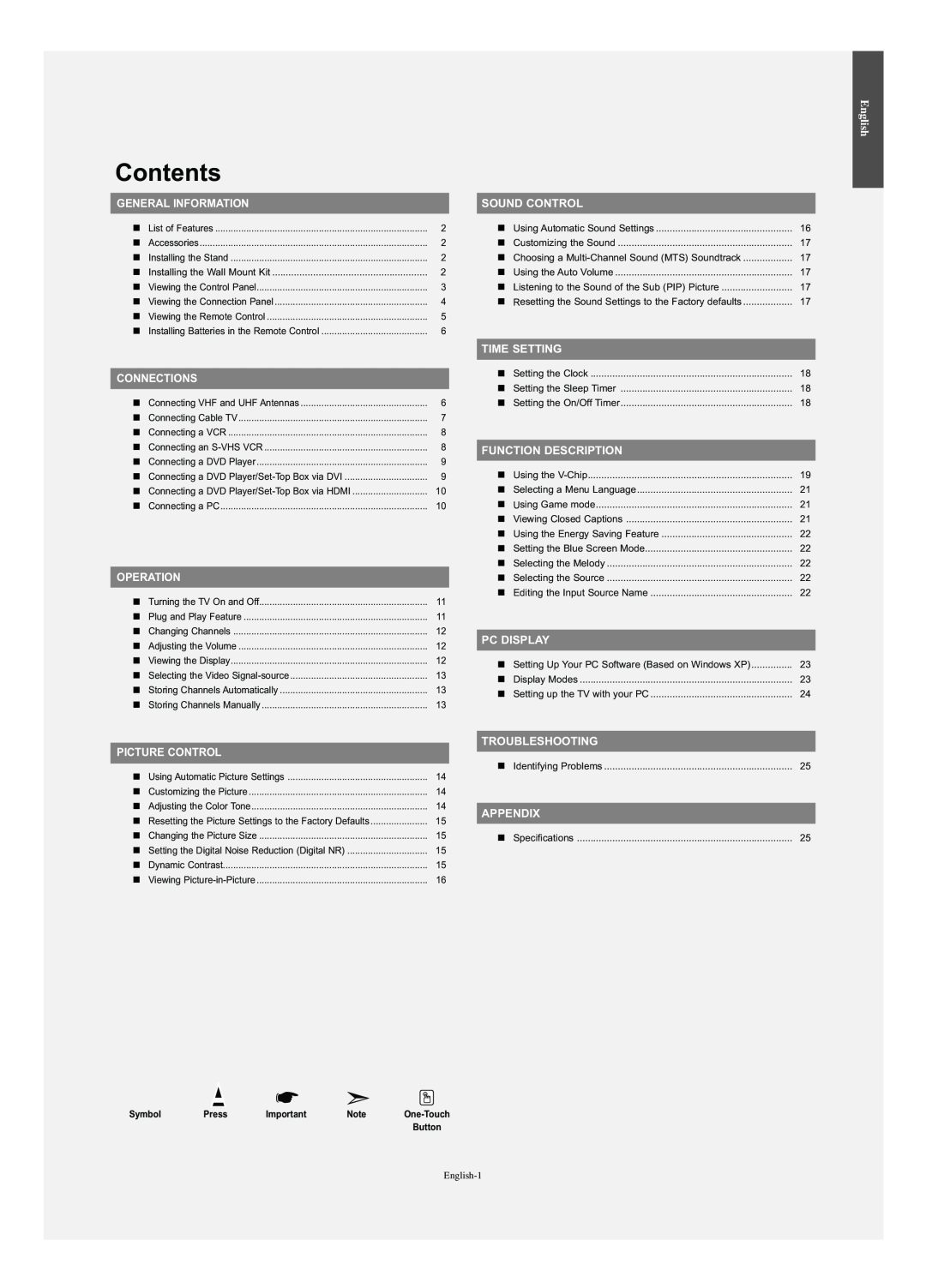 Samsung LN-S2341W manual Contents, English 