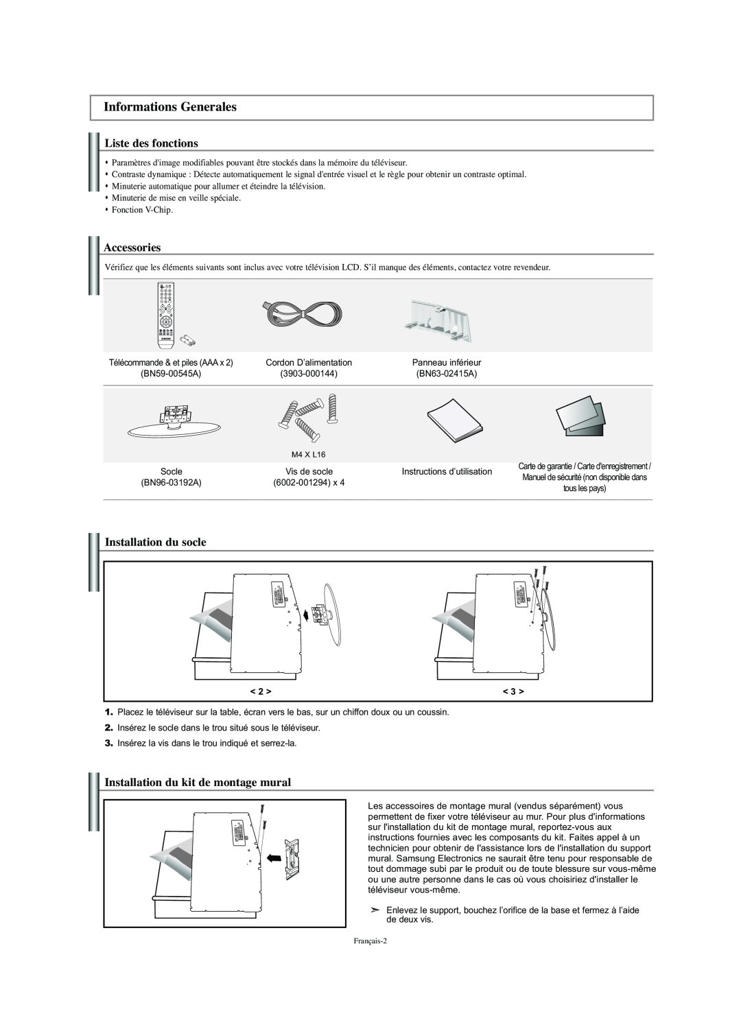 Samsung LN-S2341W Informations Generales, Liste des fonctions, Installation du socle, Installation du kit de montage mural 