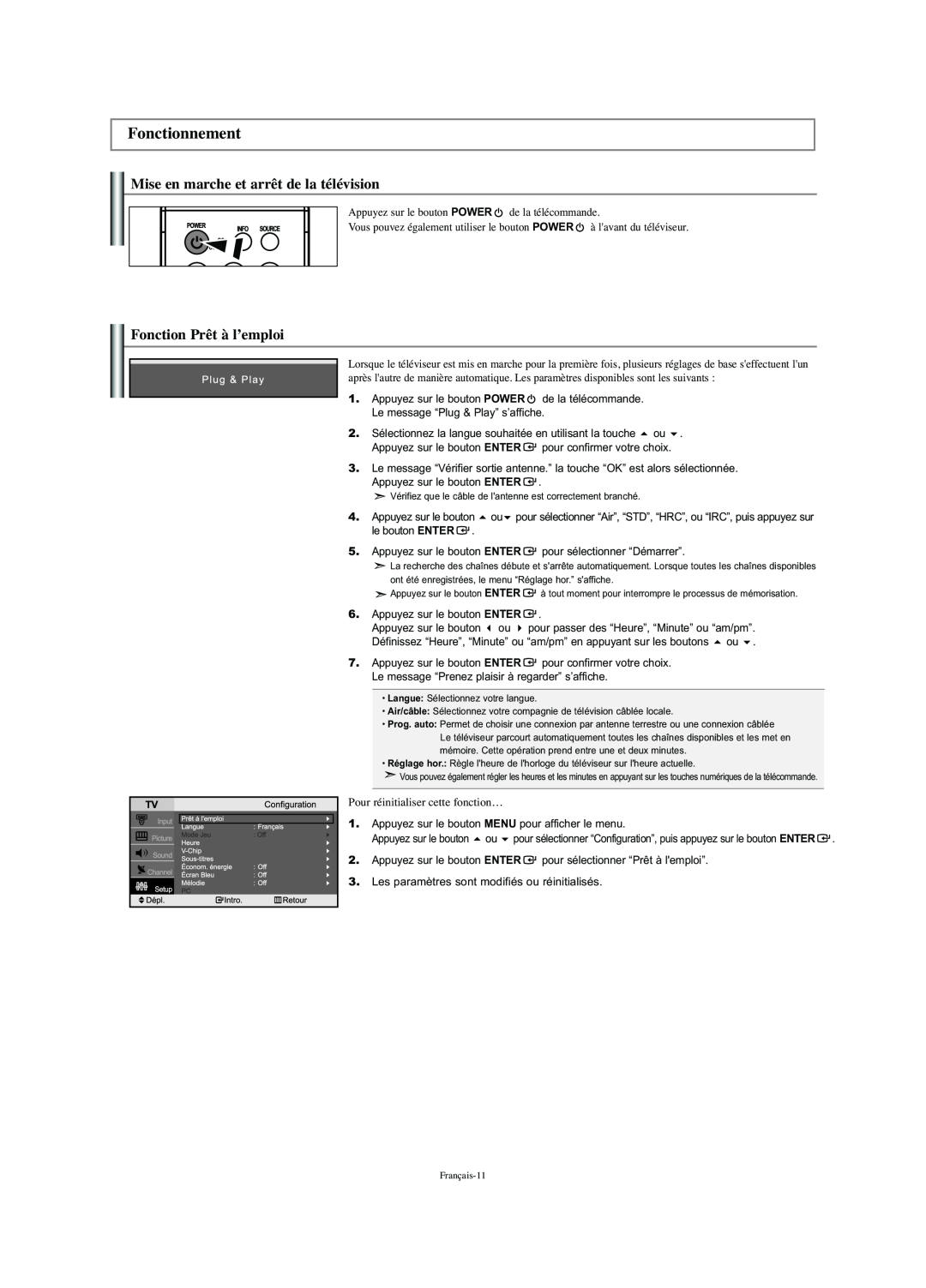 Samsung LN-S2341W manual Fonctionnement, Mise en marche et arrêt de la télévision, Fonction Prêt à l’emploi 