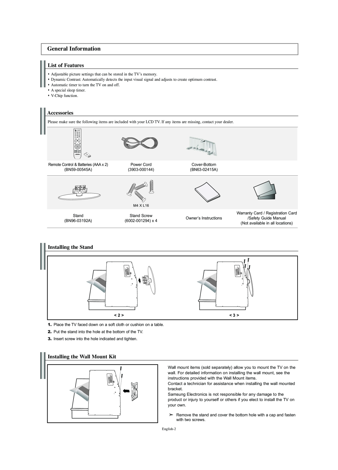 Samsung LN-S2341W General Information, List of Features, Accessories, Installing the Stand, Installing the Wall Mount Kit 