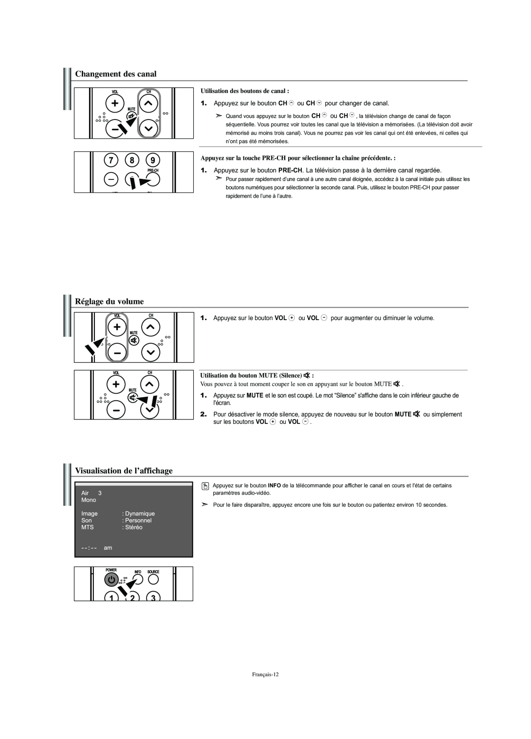 Samsung LN-S2341W Changement des canal, Réglage du volume, Visualisation de l’affichage, Utilisation des boutons de canal 